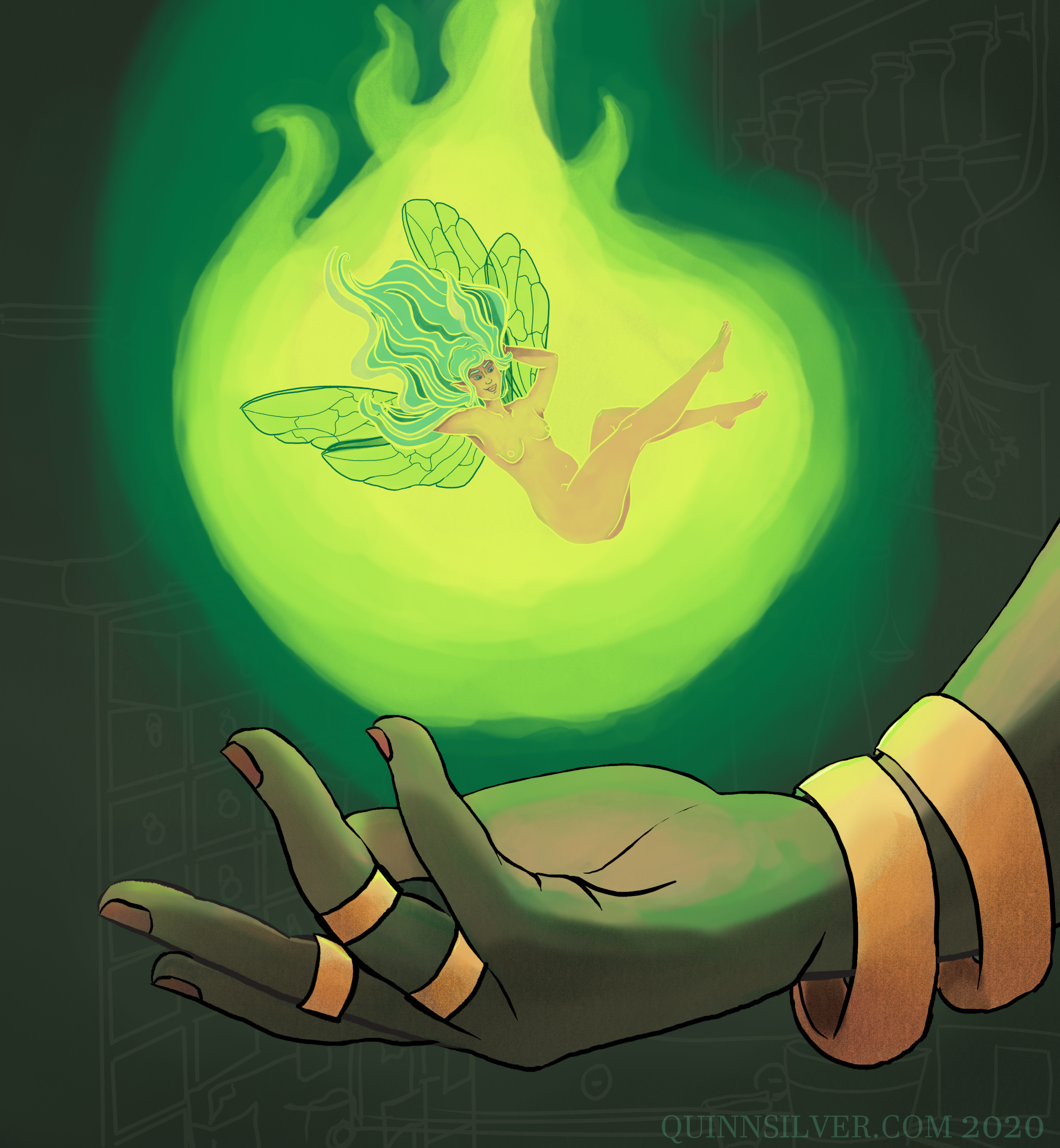 Illustration of a nude fairy floating above an outstretched hand. You can see rings, bracelets and nail polish on the hand. The fairy is nude and is emitting a bright green light. She has blue tinted streaks in her hair, and bee wings. The background