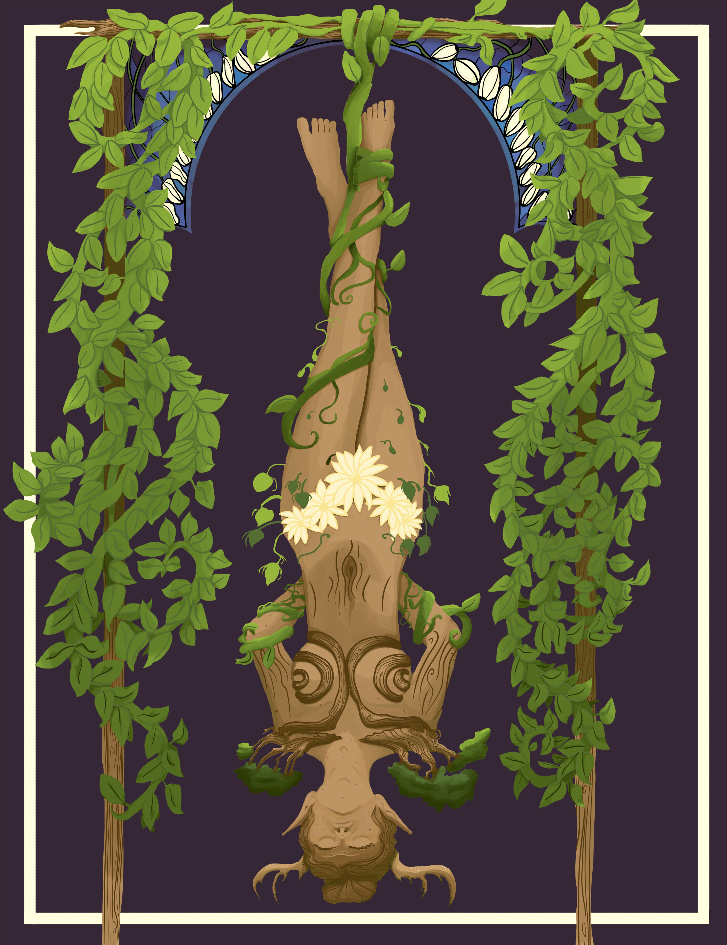 A dryad hanging upside down from a frame covered in vines. The top of the frame has a stained glass motif of lilies.
