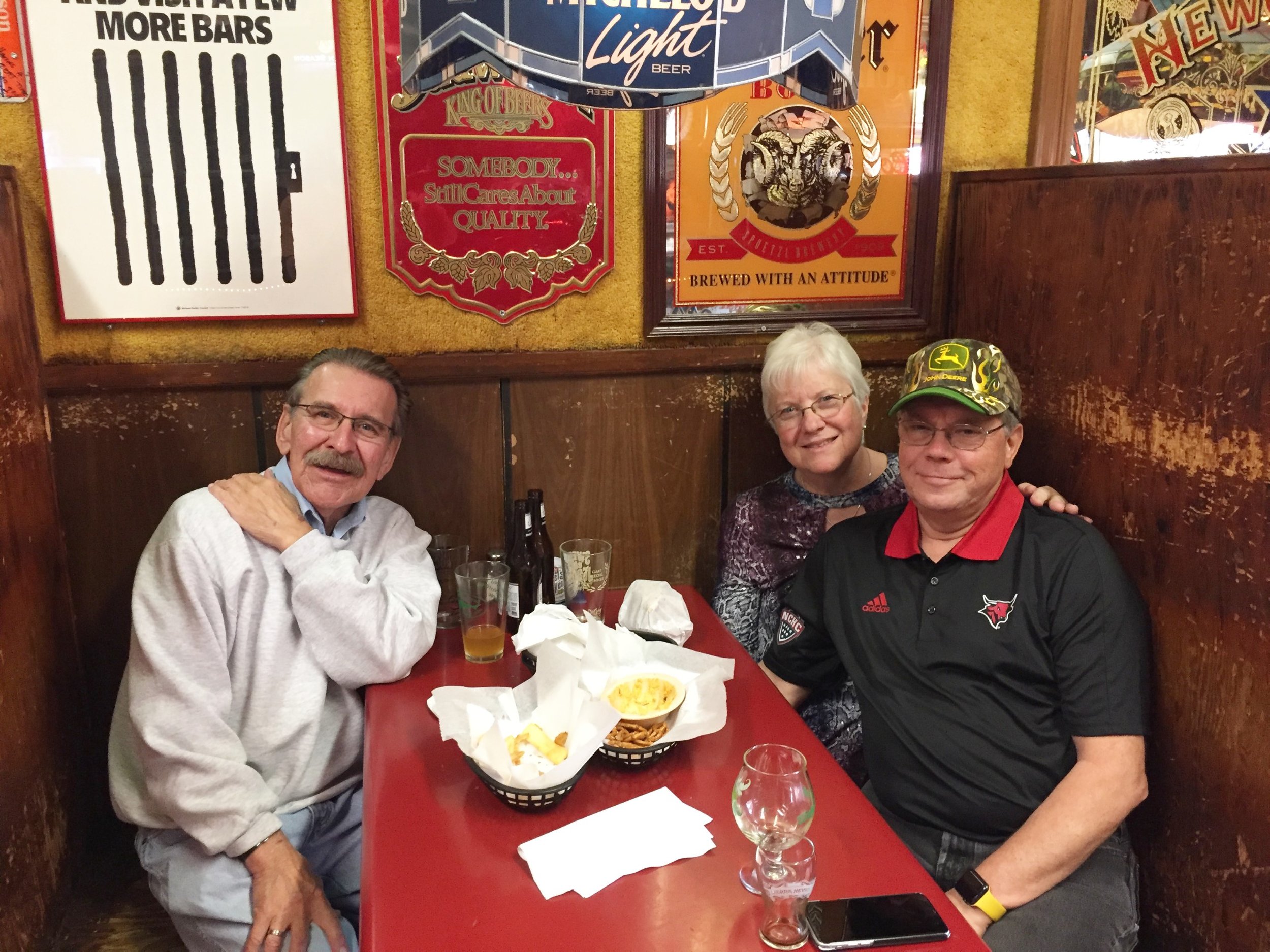 At Nick's Tavern in Clemson, one of Tim's favorite places - Tim Janilla, Mary Smits, Dave Smits - Tim had just finished one of his favorite dishes, french fries, hot and crispy