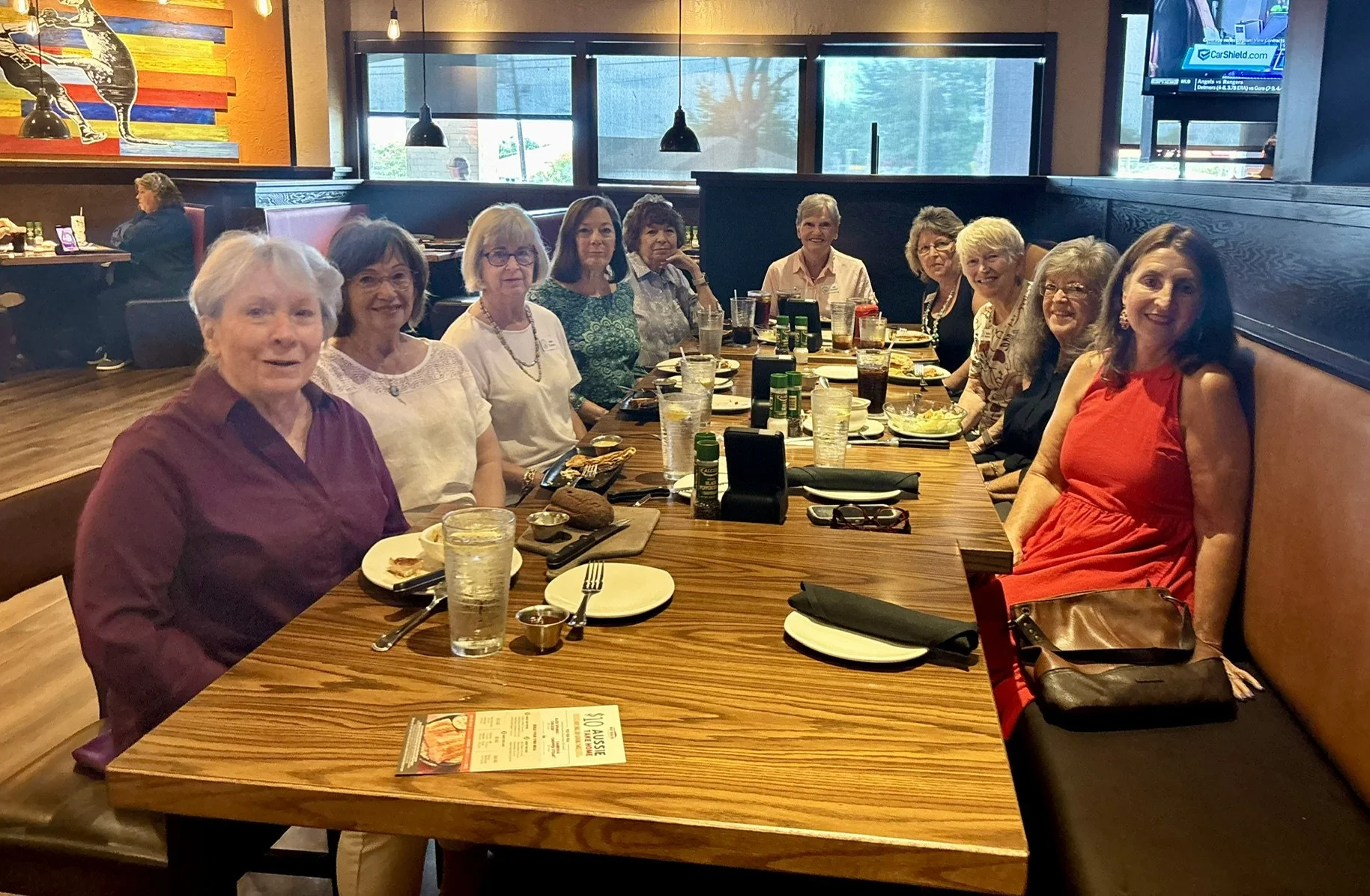 August Ladies Luncheon at Outback, hosted by Jill Russell.

Judy Hans, Linda Zordan, Jean Roberts, Deanna Janilla, Joy Phillips, Jill Russell, Penney Baumgartner, Tanny Williams, Claire Iler, Sheila Smith