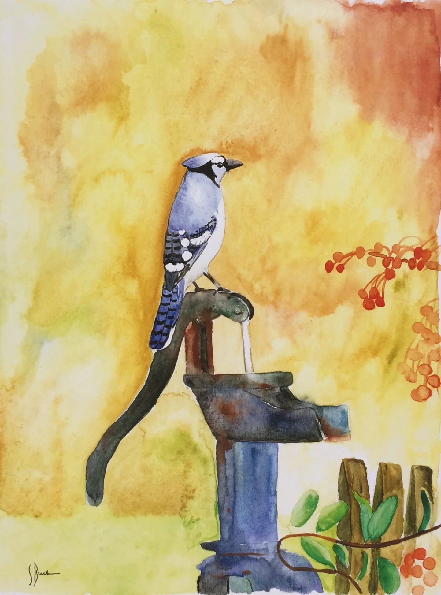Blue Jay on the Pump in Watercolor
