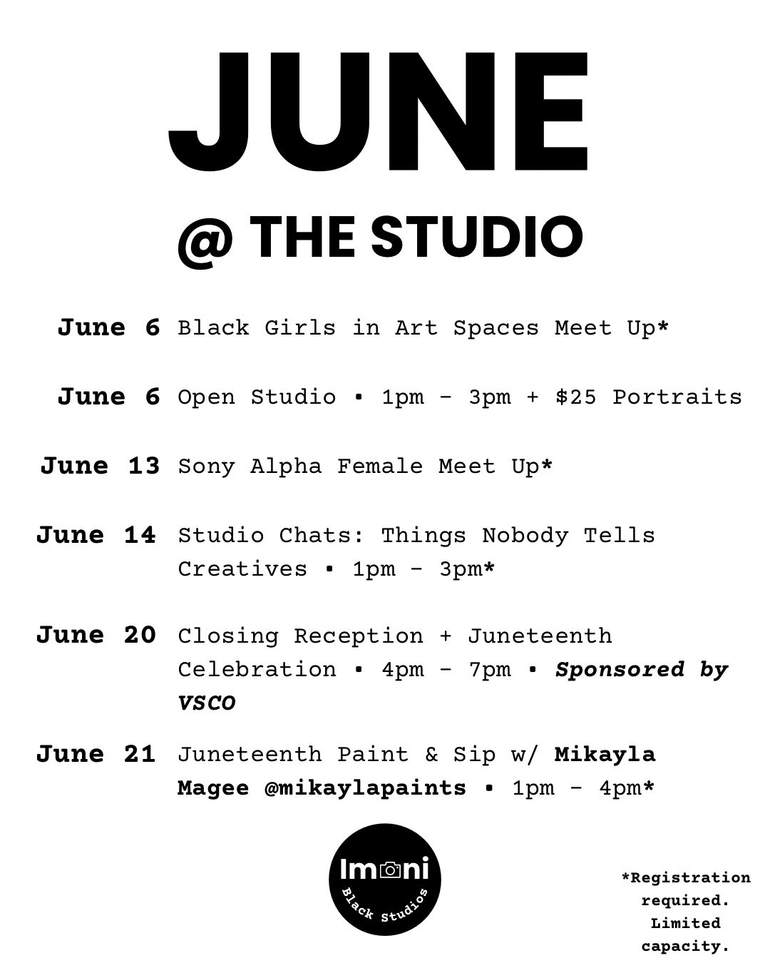 June is stacked at Imani Black Studios 📍 Check out the lineup. 

RSVP with the link in bio.

Black Girls in Art Spaces Meet Up Saturday, June 6 | AT CAPACITY | @blackgirlsinartspaces 

Open Studio at Imani Black Studios Saturday, June 6 | 1pm - 3pm 