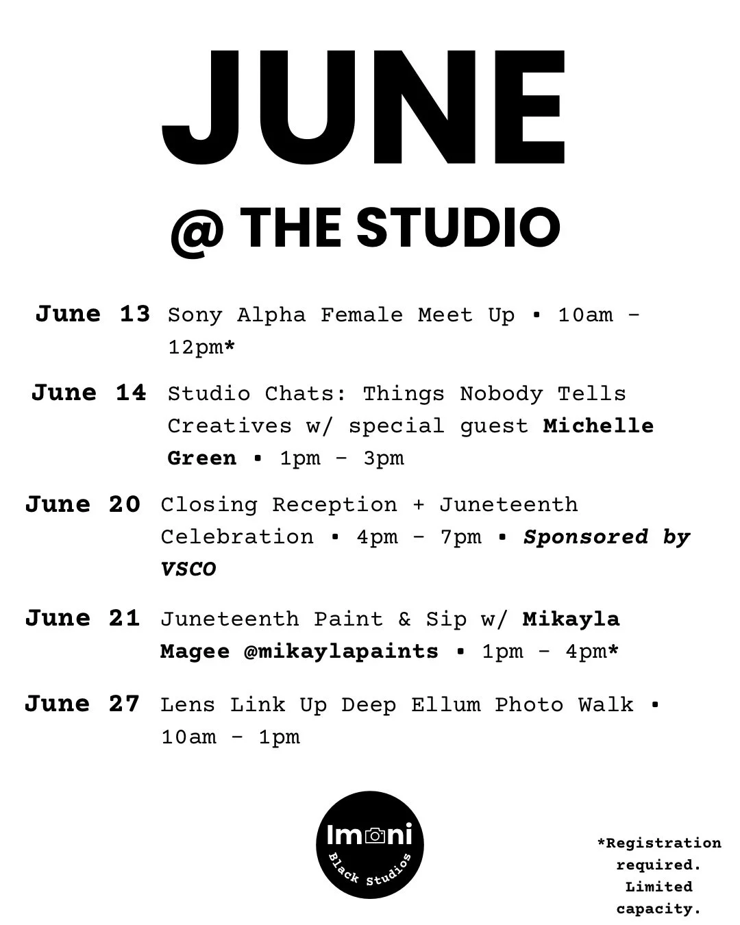 Check out the updated lineup of events at the Stu. 📍

RSVP with the link in bio.

Sony Alpha Female Community Meet Up + Photo Walk | Saturday, June 13 | 10am &ndash; 12pm | RSVP thru the @sonyalphafemale Facebook group | FREE

Studio Chats: Things N