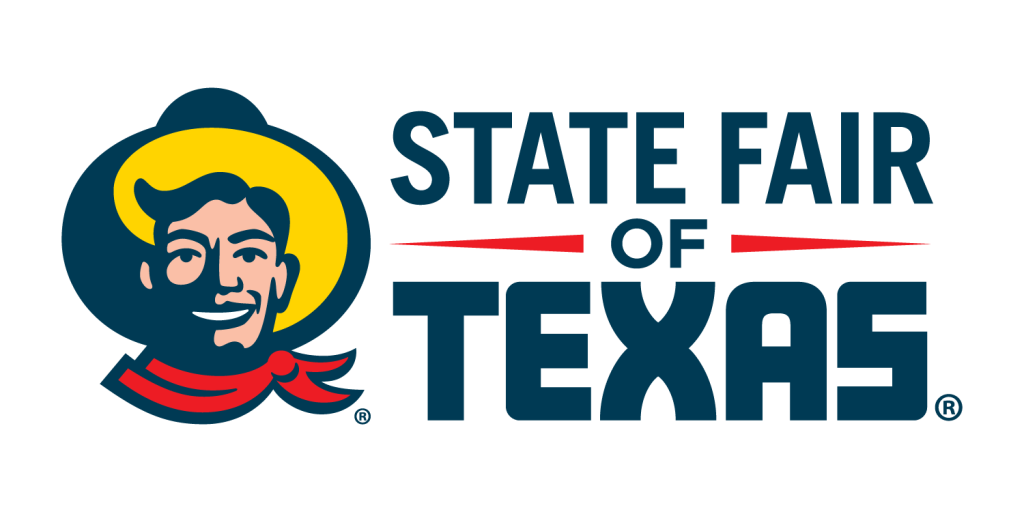 Logo for the State Fair of Texas featuring a smiling cowboy with a yellow hat and red bandana.