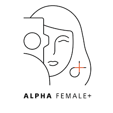 Line drawing of a female face with minimalist features next to a geometric symbol, with text 'ALPHA FEMALE+' underneath.