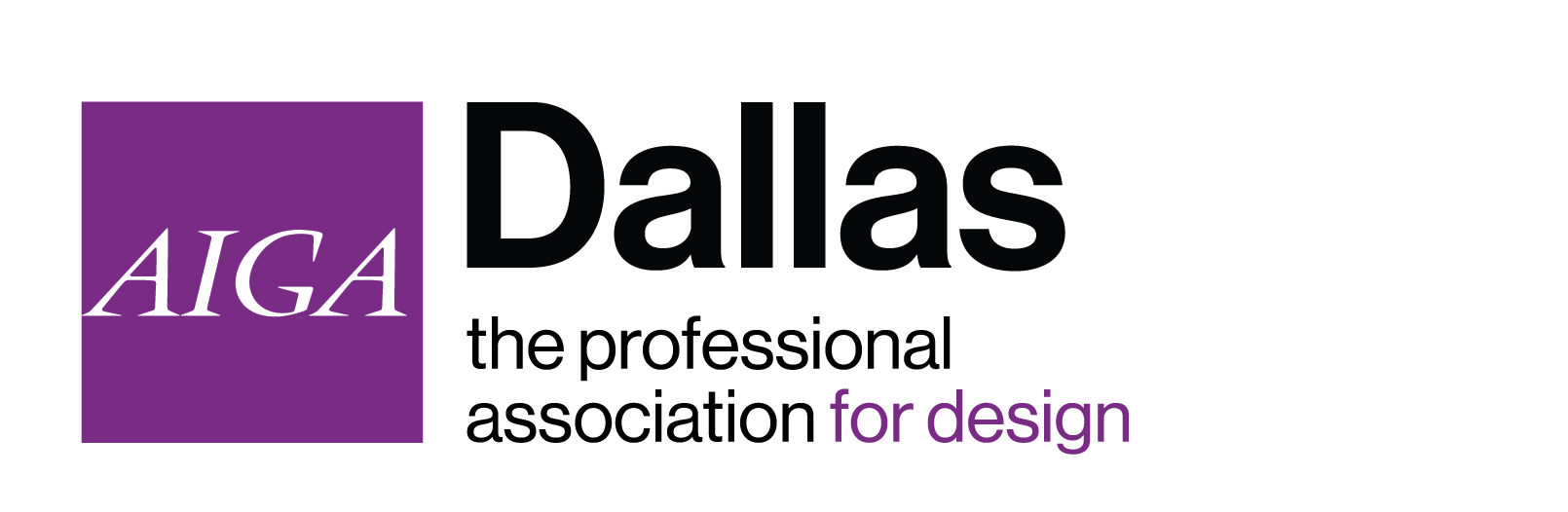 Logo for AIGA Dallas for design with a purple square and white stylized text.
