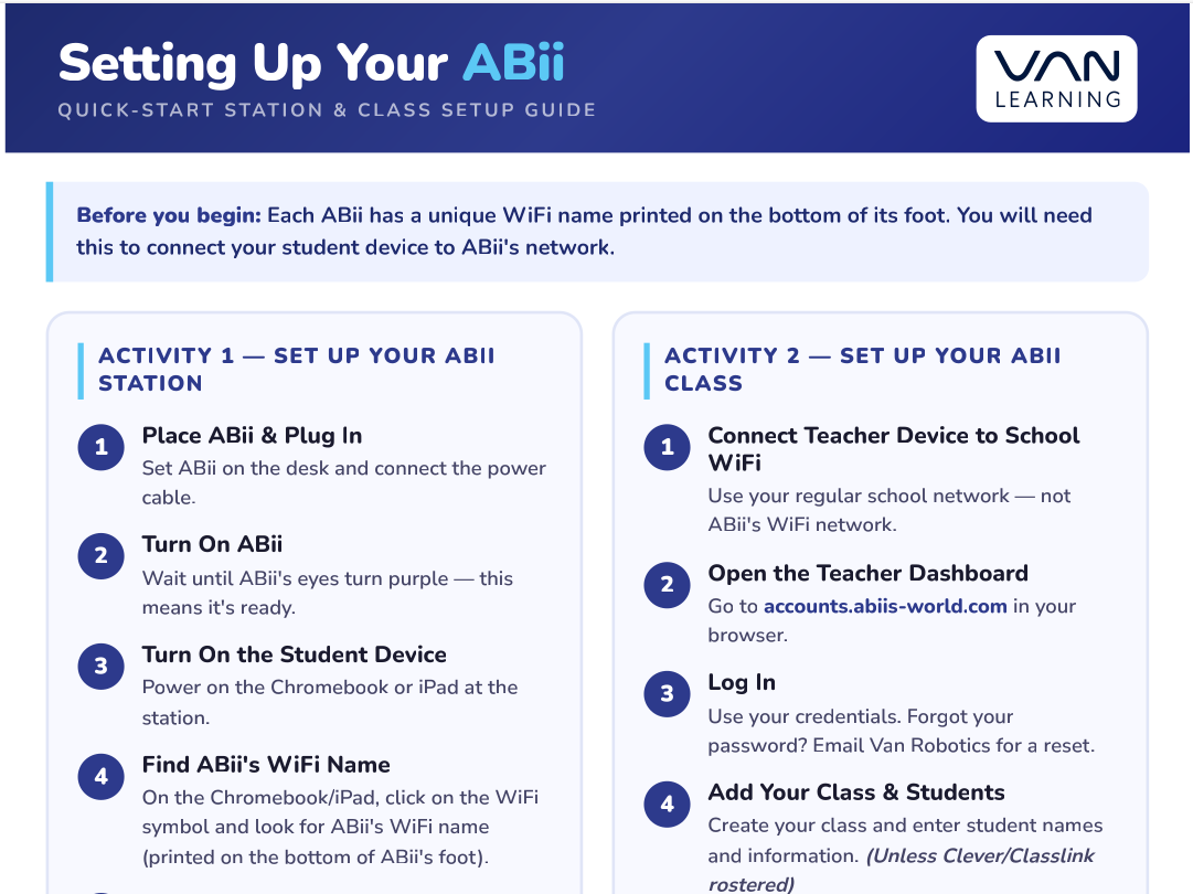 Instructions for teachers to get started with ABii, including steps to connect to WiFi and access a specific website. Includes graphic elements like a pushpin and pencil icon.