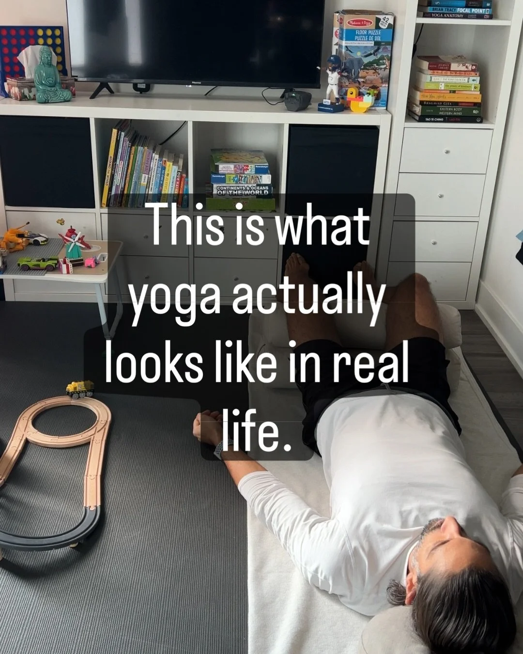 This is what my yoga practice looks like most days.
Not perfect. Not curated. Just real life happening around me.

Short, steady practices helped me feel good again&mdash;even when life was messy.

That&rsquo;s the method I teach now. 

Comment 15 an