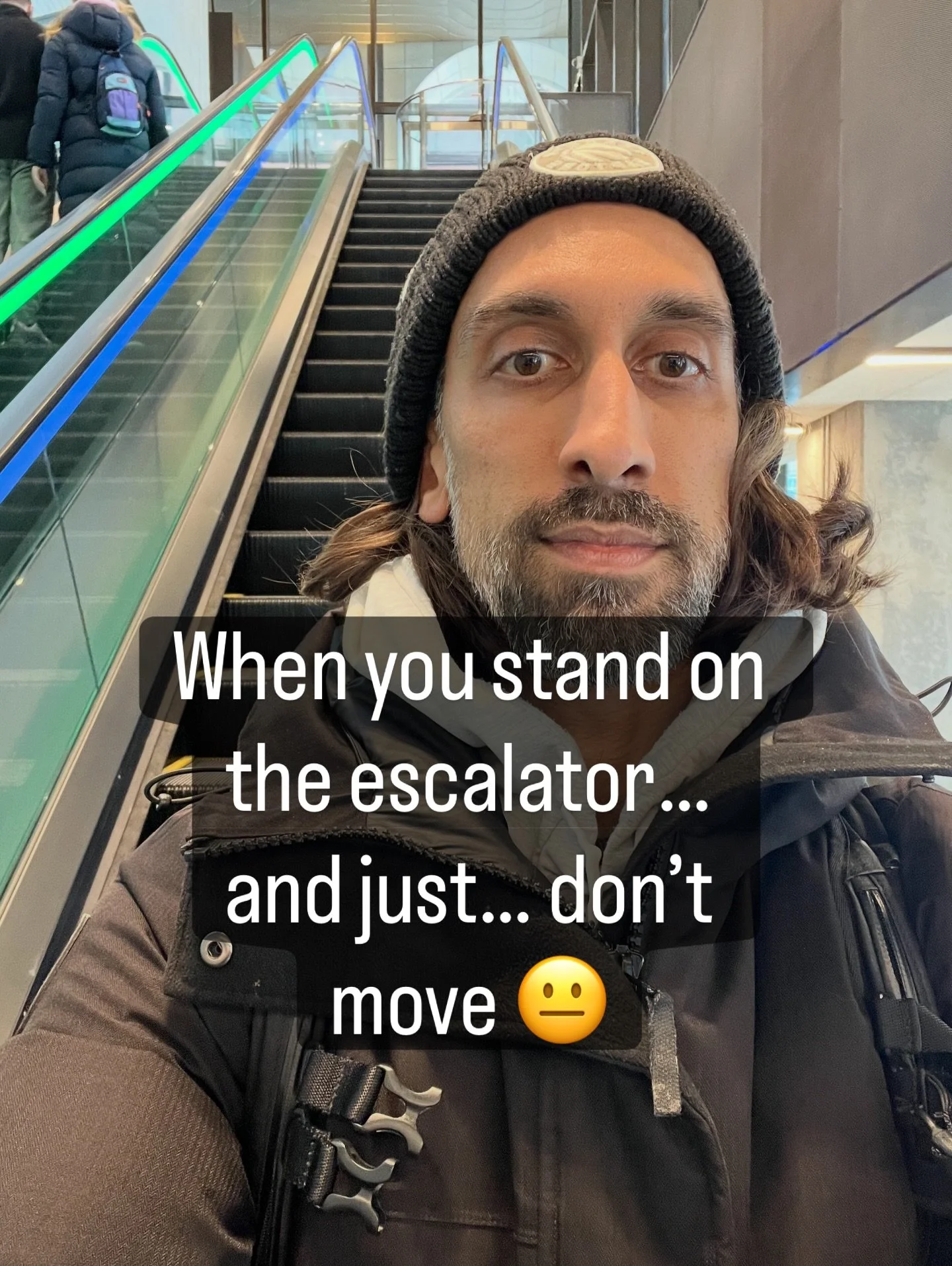 Every time I see a full line of people just standing on the escalator&hellip; it gets me 😅

Like we&rsquo;ve fully accepted this default mode of:
sit &rarr; stand &rarr; scroll &rarr; repeat.

And I know&mdash;it&rsquo;s not that deep.
But also&hell