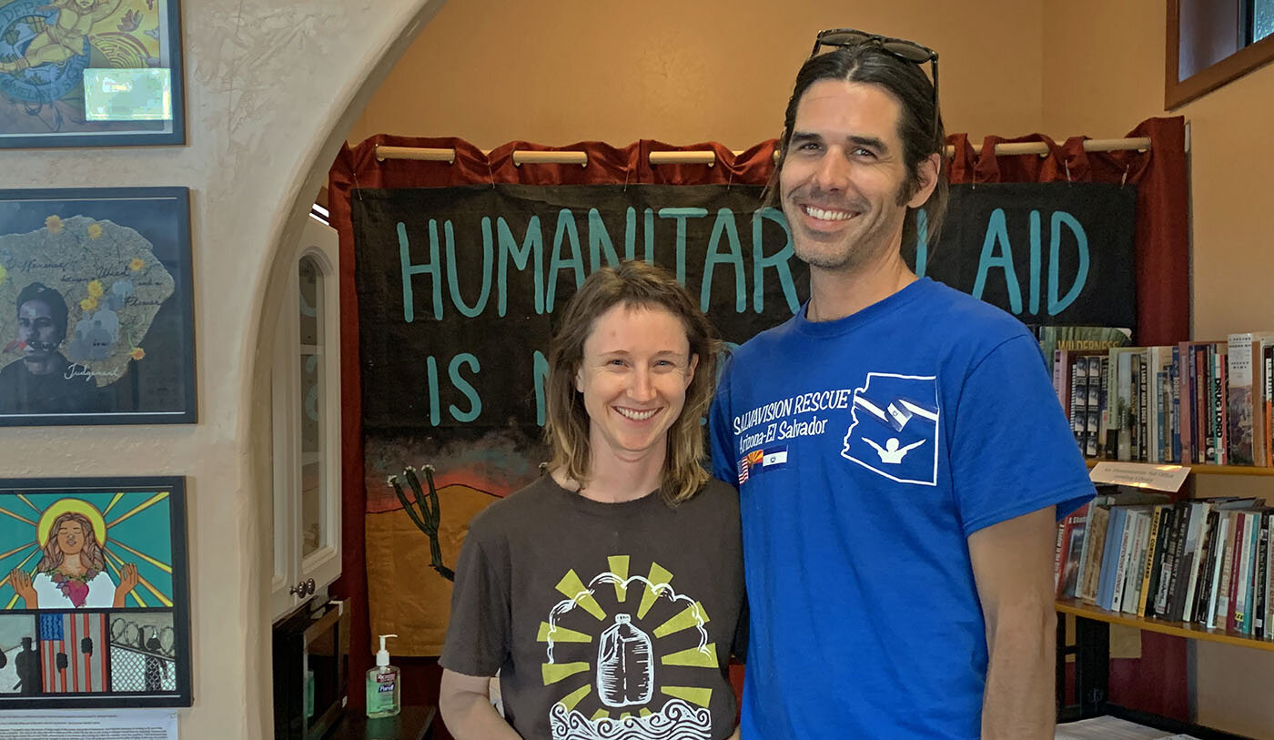  Emily Saunders and Scott Warren at a humanitarian aid office they helped establish in Ajo, Arizona in 2019.  Photo Credit: Jude Joffe-Block 