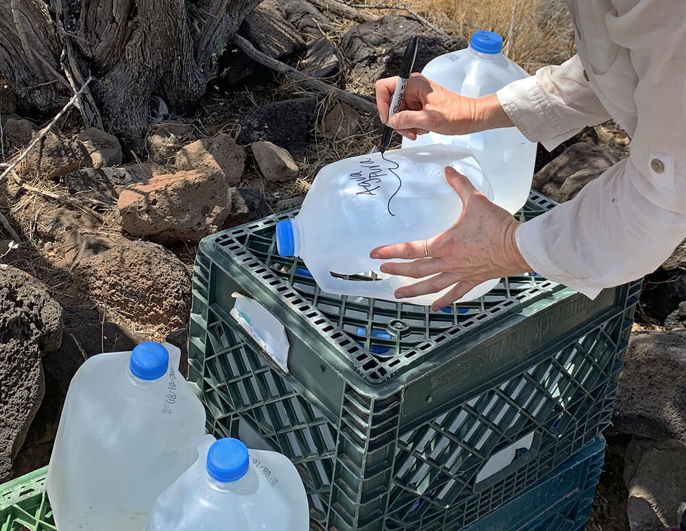  Emily Saunders writes “Pure water” and “God be with you” in Spanish on a water jug.  Photo Credit: Jude Joffe-Block 