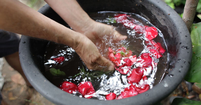  This “aqua florida” is used for a hand washing ritual that’s part of the sweat lodge ceremony.  Photo Credit: Tom Levy 
