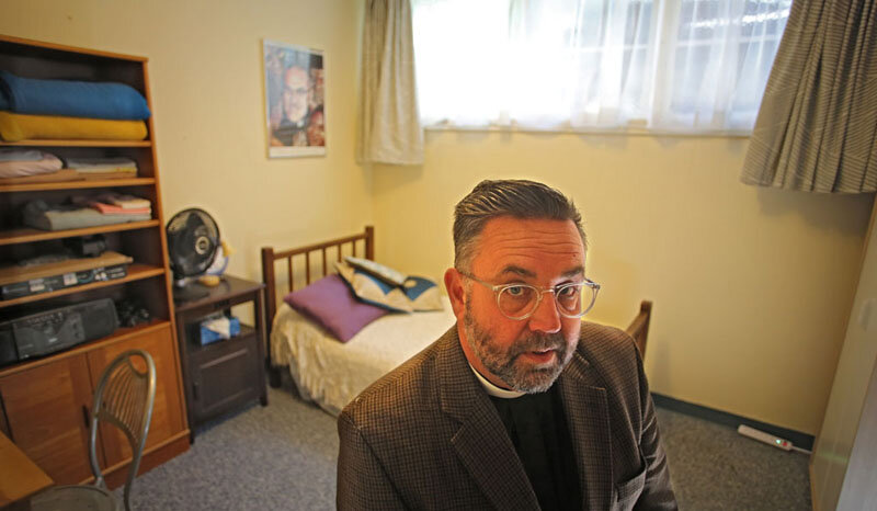  Pastor Jeff Johnson sits inside the apartment set aside for sanctuary seekers at University Lutheran Chapel in Berkeley.  Photo Credit: Tom Levy 