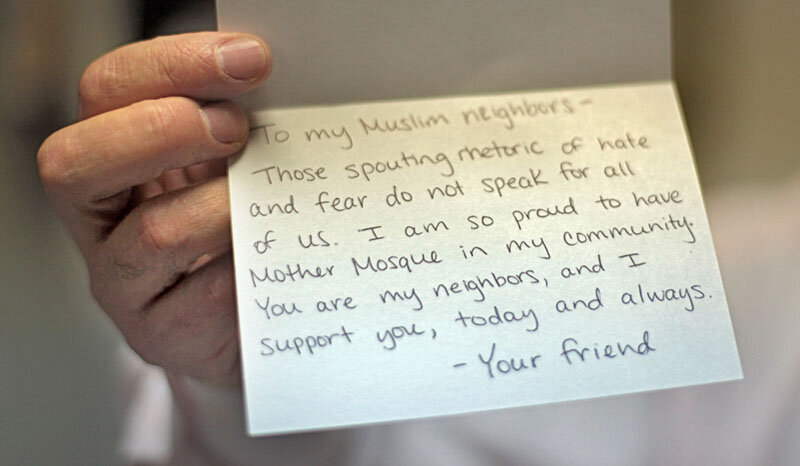  Imam Taha Tawil displays a note he received from a well-wishing neighbor of the Mother Mosque in Cedar Rapids, Iowa in January 2017. Built in 1934 by Syrian and Lebanese immigrants, it is the oldest standing purpose-built mosque in America.    Photo