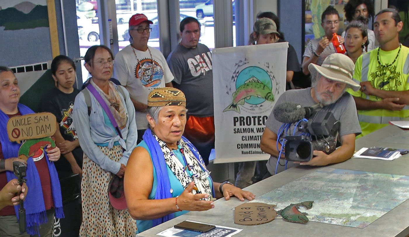  Shasta Lake, CA — Chief Caleen Sisk is flustered when her attempt to deliver a letter to U.S. Bureau of Reclamation officials is rebuffed. September 25, 2019. Tom Levy/The Spiritual Edge 
