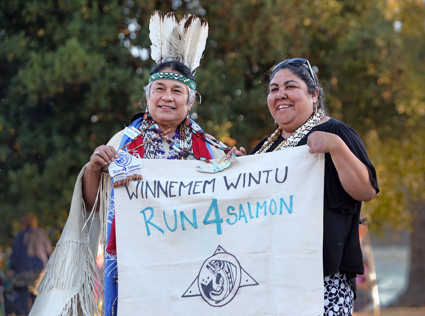  Vallejo, CA — Winnemem Wintu Chief Caleen Sisk and Corrina Gould, spokesperson for the Confederated Villages of Lisjan Ohlone, join together to kick off the Run4Salmon.  The ceremony opens at Sogorea Te’, a sacred gathering place and former indigeno
