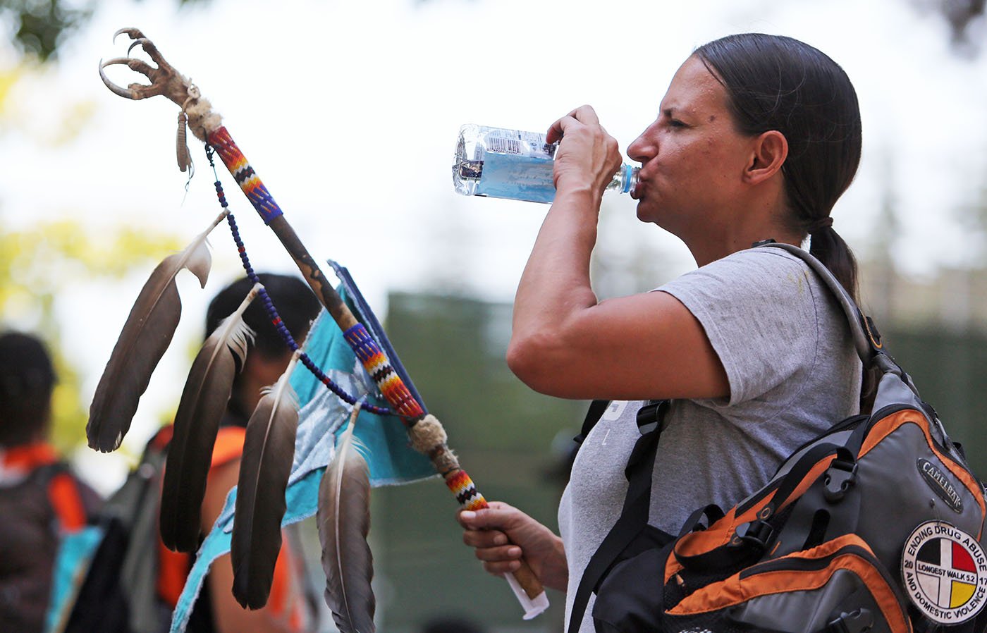  Concord, CA — Stephanie Dodaro is here to support the Run4Salmon and is a “long walker.” She earned the title when she traveled across the country with Native activists.  September 11, 2017. Tom Levy/The Spiritual Edge 