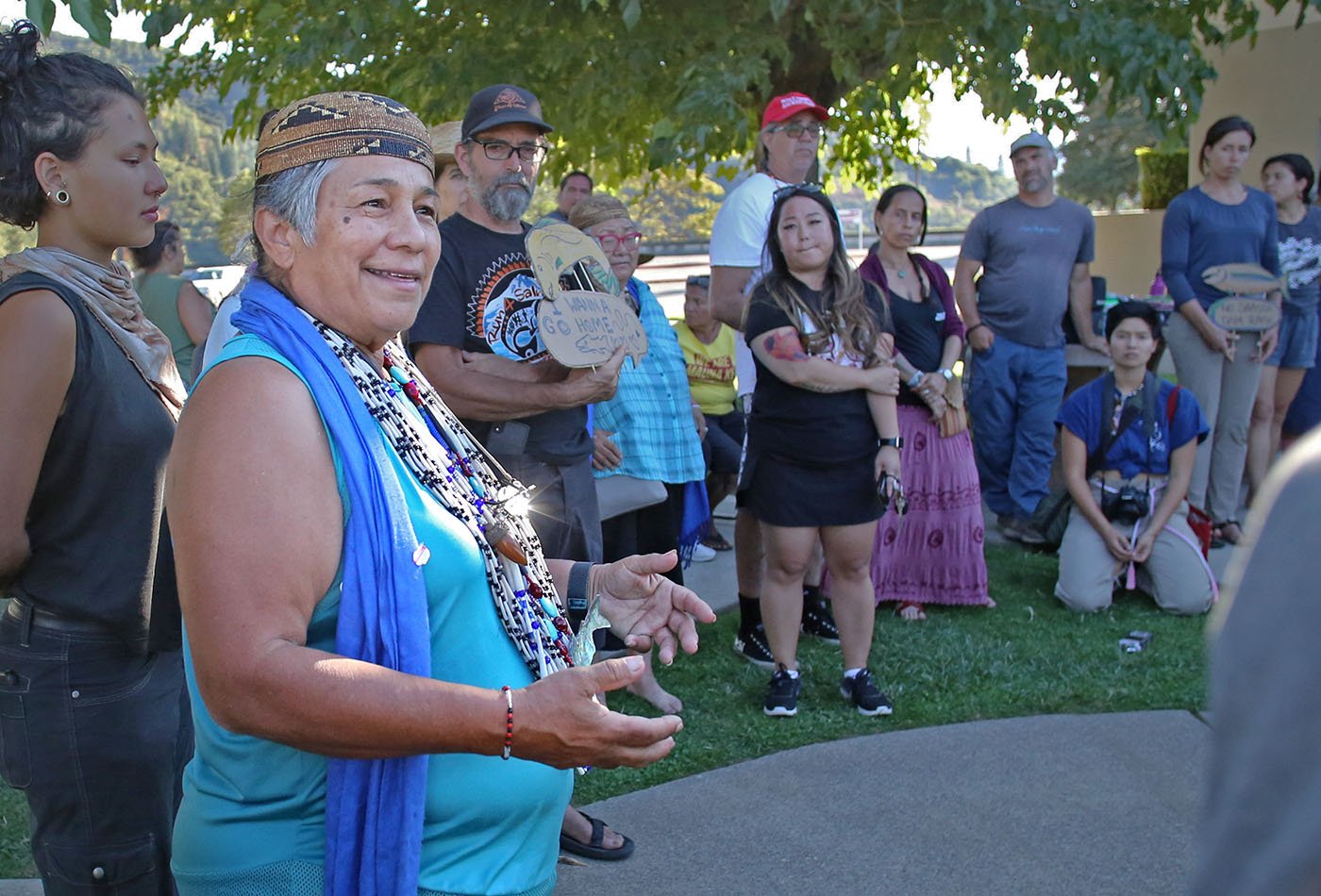  Shasta Lake, CA — Chief Caleen Sisk addresses supporters who are taking part in the Run4Salmon ceremony. September 25, 2019. Tom Levy/The Spiritual Edge 