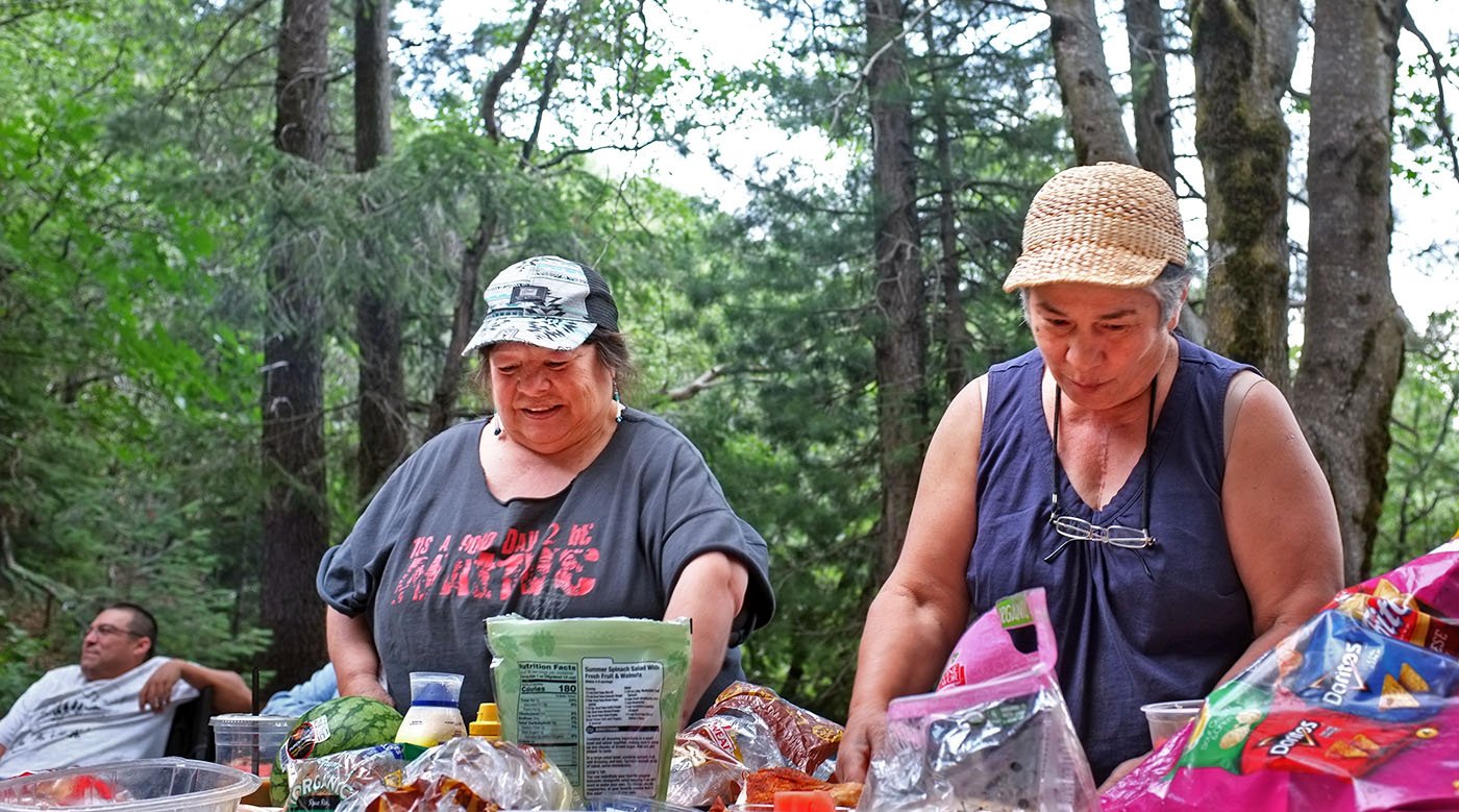  Shasta County, CA — Chief Caleen Sisk (right) and her sister Helene Sisk (left). June 17, 2018. Judy Silber/The Spiritual Edge     
