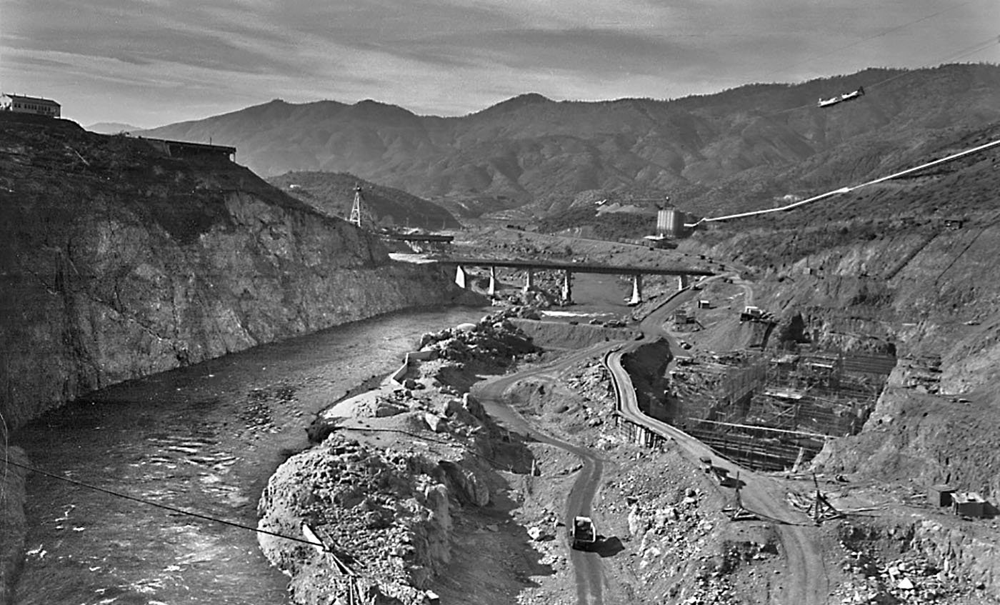  Shasta County — Shasta Dam under construction, looking down the  Sacramento River. 1940. Rusell Lee/Farm Security Administration. Archive: Office of War Information Photograph Collection (Library of Congress)   