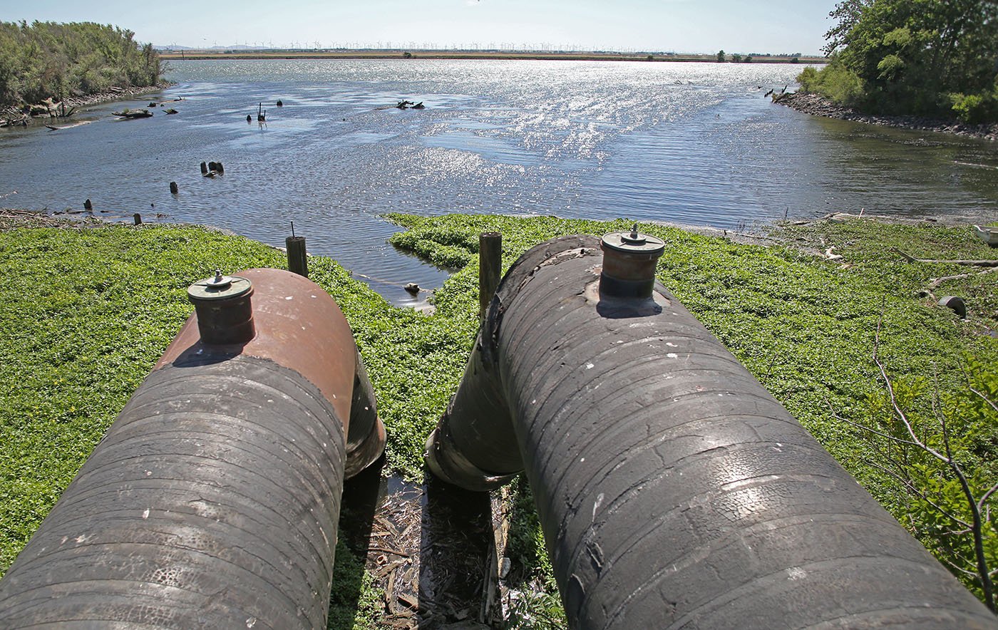  Sacramento-San Joaquin Delta, CA — Large pipes in the Delta and alongside the Sacramento River are a reminder of how much human interference has altered the water’s natural flow. May 13, 2021 Tom Levy/The Spiritual Edge  