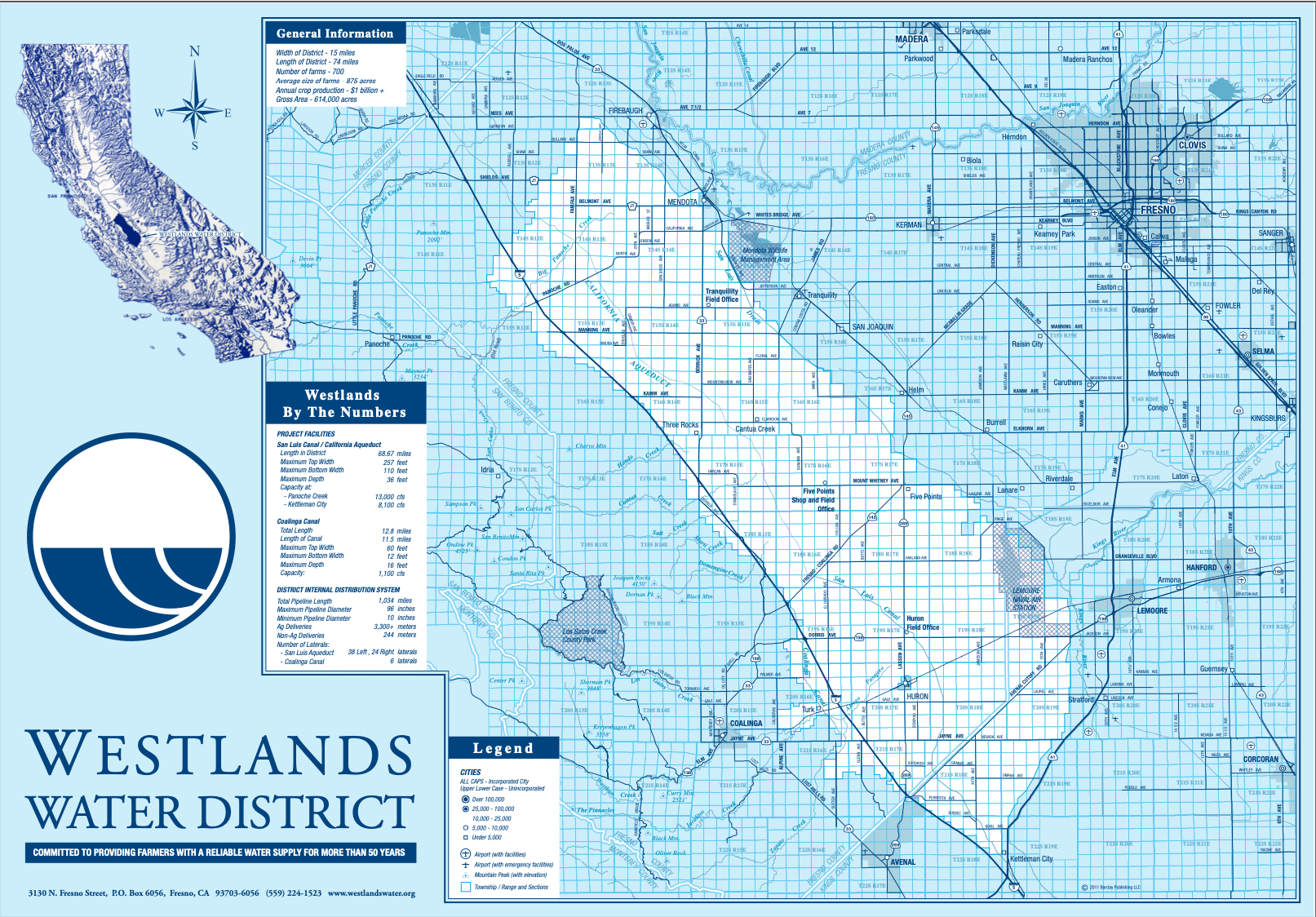  The Westlands Water District is 15 miles wide and 74 miles long. It distributes water to farmers and municipalities in Fresno and Kings County.  