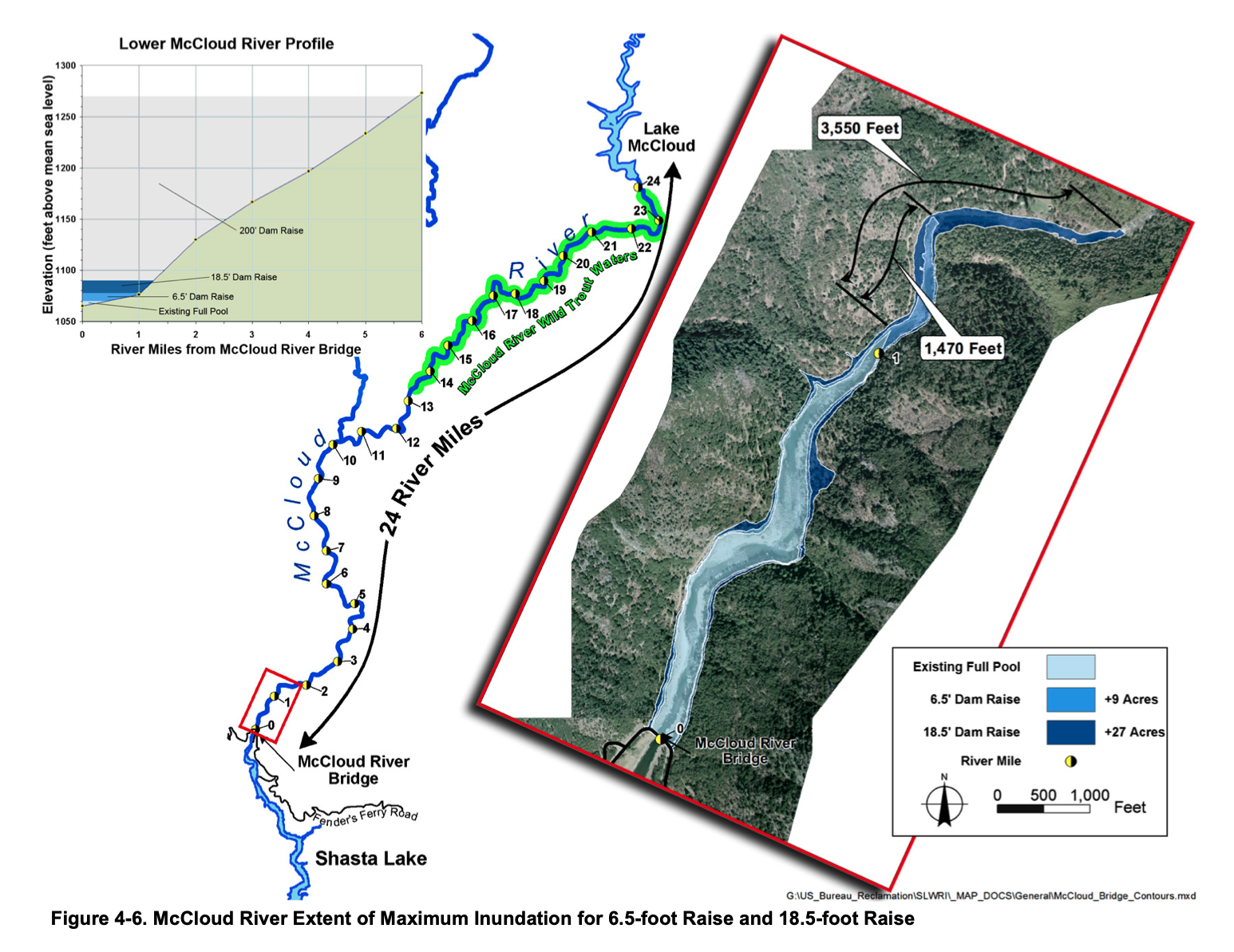  Approximately an additional mile of the McCloud River would be inundated by higher waters if Shasta Dam is raised — a river protected by the California Wild and Scenic Rivers Act. Map: U.S. Bureau of Reclamation 