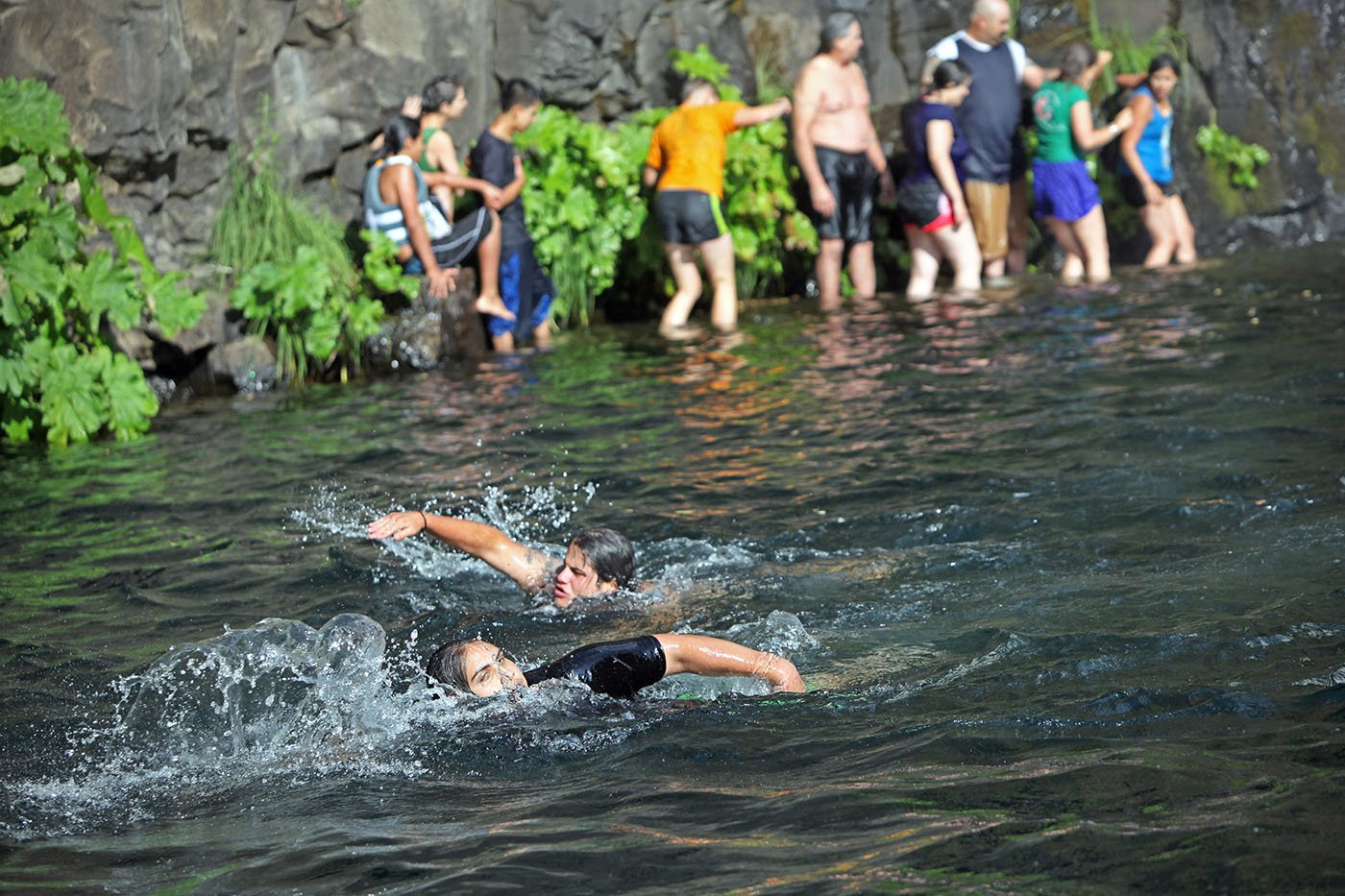  Lower McCloud River Falls, CA — After jumping in the deep pool, swimmers make their way back to the banks of the river. July 10, 2019.  Tom Levy/The Spiritual Edge 