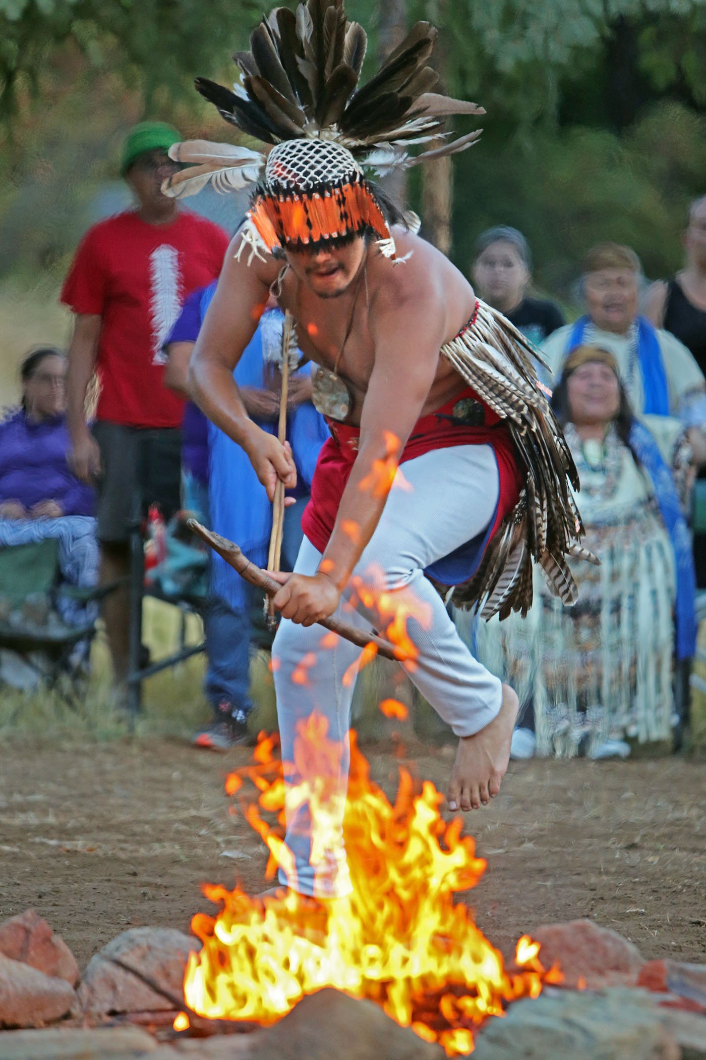  Lakehead, CA — In Winnemem Wintu dances each dancer presents himself to the fire to show that he’s worthy.  September 30, 2018. Tom Levy/The Spiritual Edge    He says this is me and this is who I am. And the fire looks them over, checks them out, yo