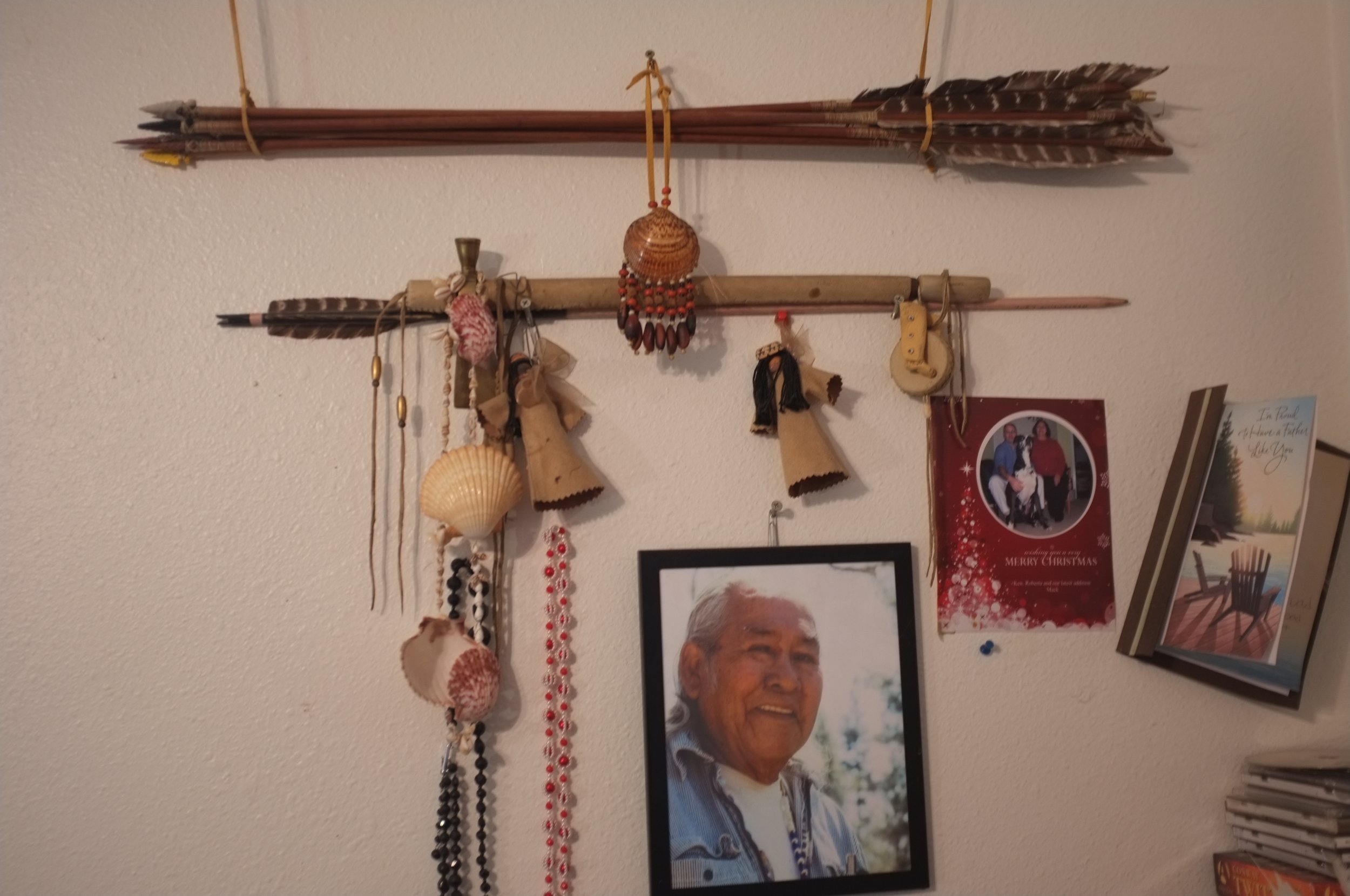  Hayfork, CA — Native American artifacts on the wall at the home of Nor-El Muk Wintu Elder Bob Burns  March 16, 2019. Judy Silber/The Spiritual Edge 