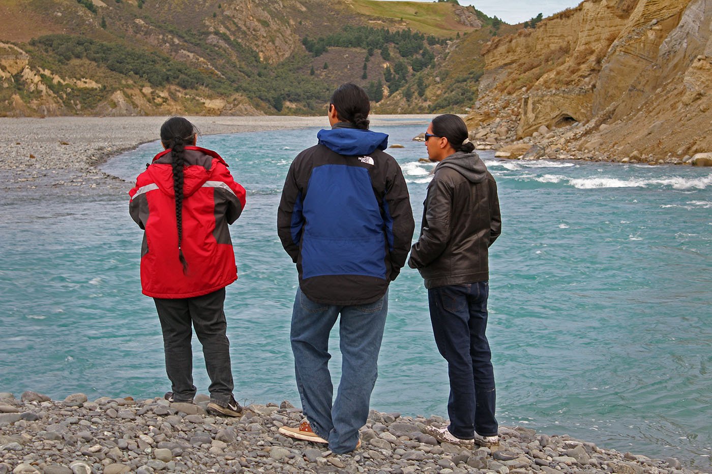  Chief Caleen Sisk, Michael Preston and Nick Wilson look out onto the Rakaia River. The Winnemem Wintu danced for the salmon there. 2010. Photo: Courtesy of Dirk Barr 