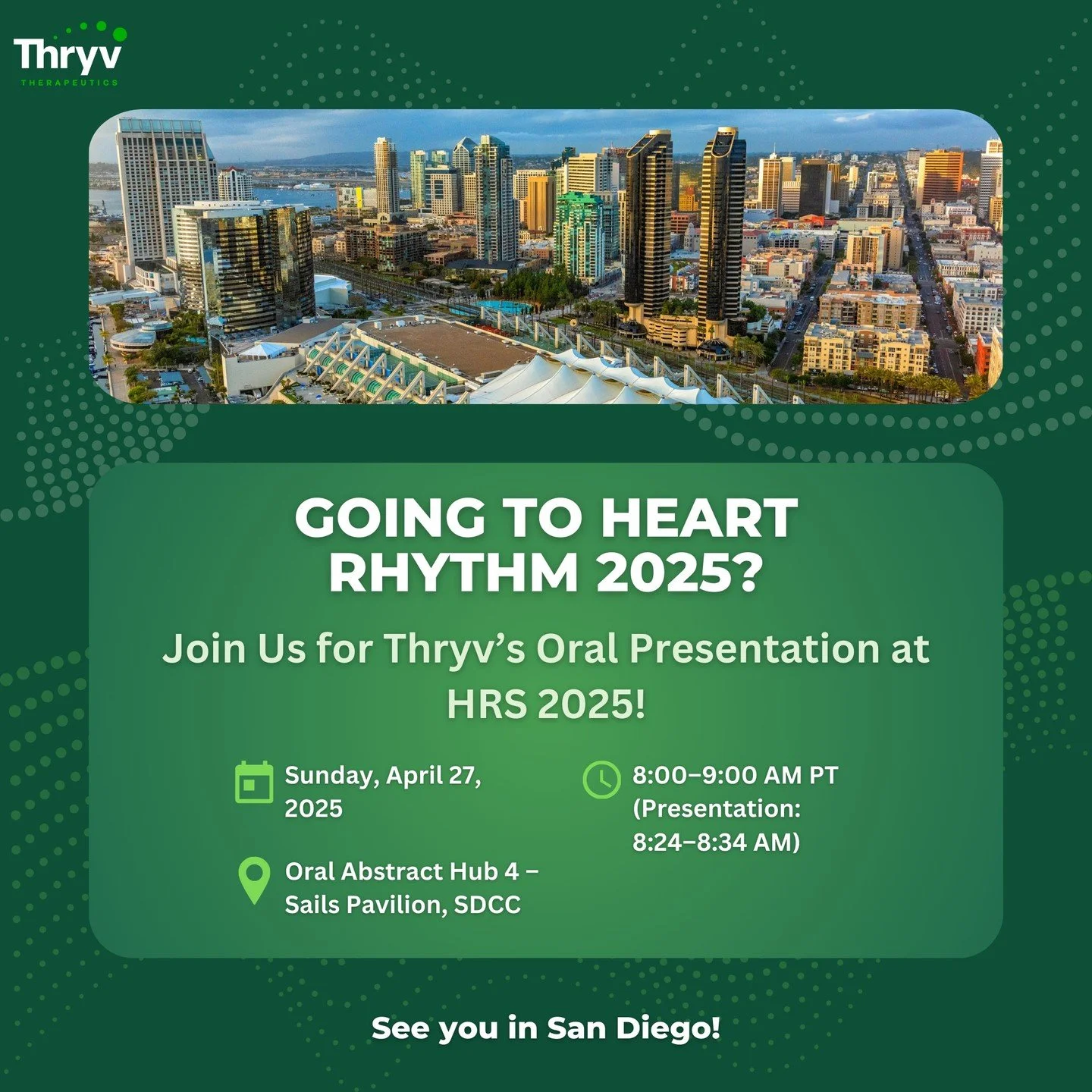 📣 Going to Heart Rhythm 2025? Join us this Sunday for an oral presentation at #HRS2025.

🗓️ Sunday, April 27 | 8:00&ndash;9:00 AM PT
📍 Oral Abstract Hub 4 &ndash; Sails Pavilion, SDCC
👨&zwj;⚕️ Presenter: Dr. Philip Sager
🧬 Title: SGK-1 Inhibitio
