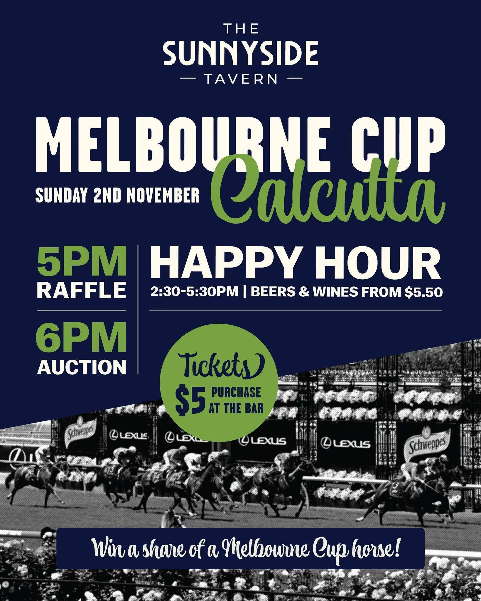 Want to secure your lucky horse before Melbourne Cup Day? 🐎 Join our Melbourne Cup Calcutta on Sunday the 3rd November 🍻

Purchase your tickets from the bar for $5, just ask our friendly staff. Then drop in on Sunday the 3rd November for our raffle