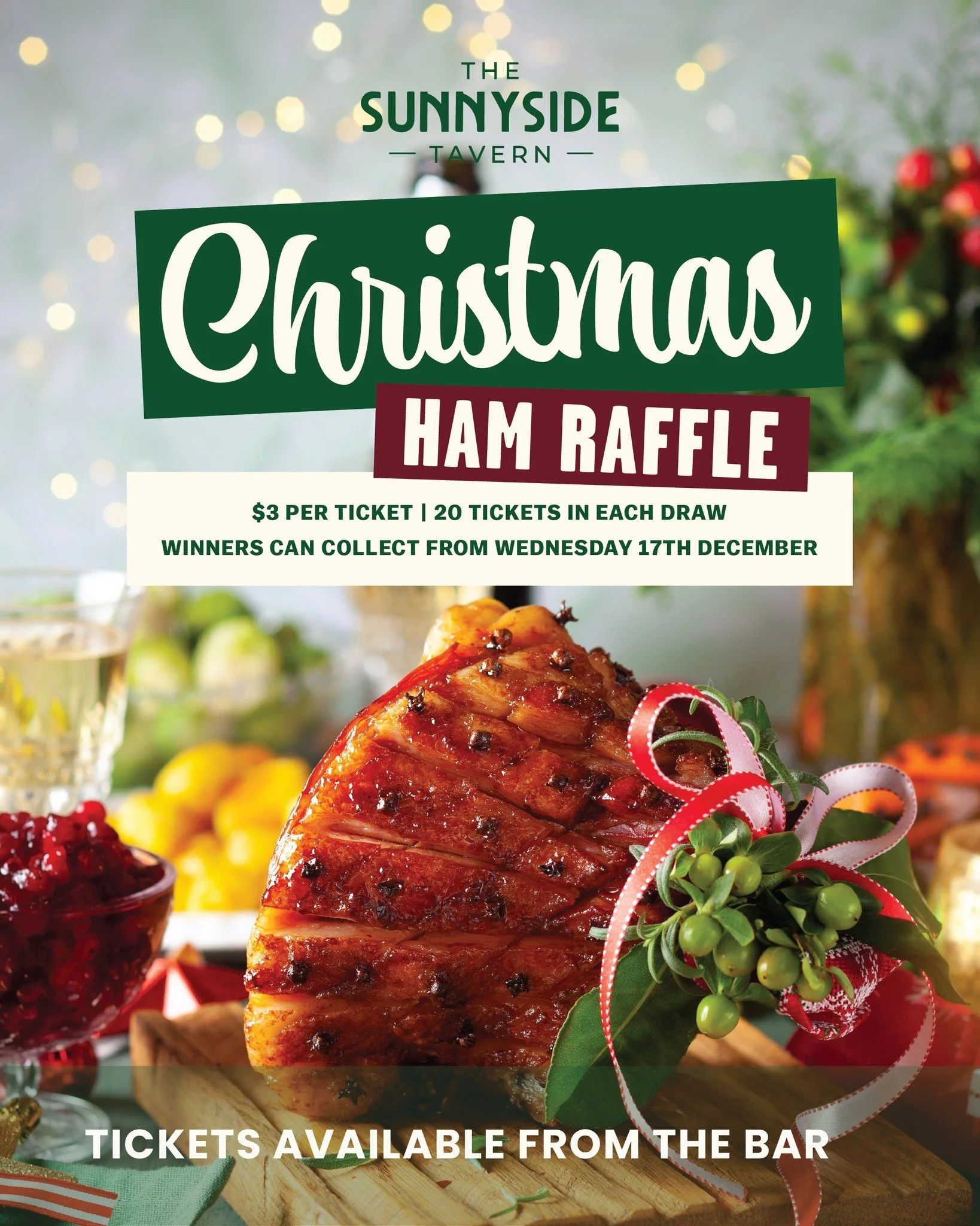 Have you entered our Christmas Ham Raffle yet? 🎅

Tickets are $3 which you can purchase from the Bar with 20 tickets in each draw. Once the draw is full we will contact the winner and start the next one 🎄

Winners can collect their Hams from Wednes