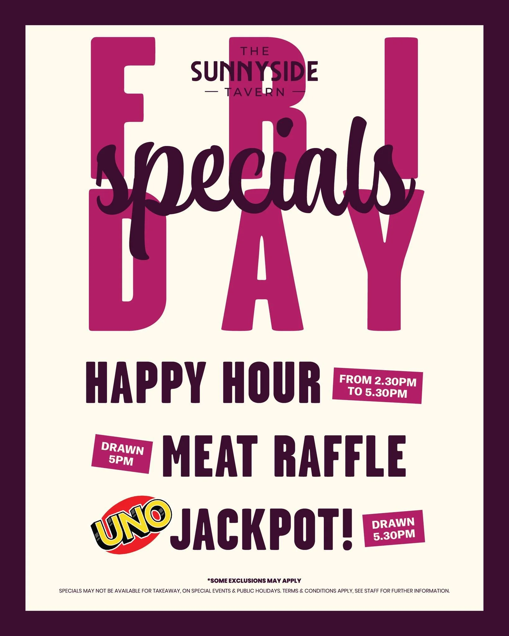 You could be a winner tonight! 👏👏

Join us as we kick off our first Meat Raffle &amp; UNO Jackpot of 2026!

🍻 Happy Hour &ndash; from 2.30pm to 5.30pm
🥩 Meat Raffle - drawn at 5pm
💰 UNO Jackpot - drawn at 5:30pm

See you there!

*Some exclusions
