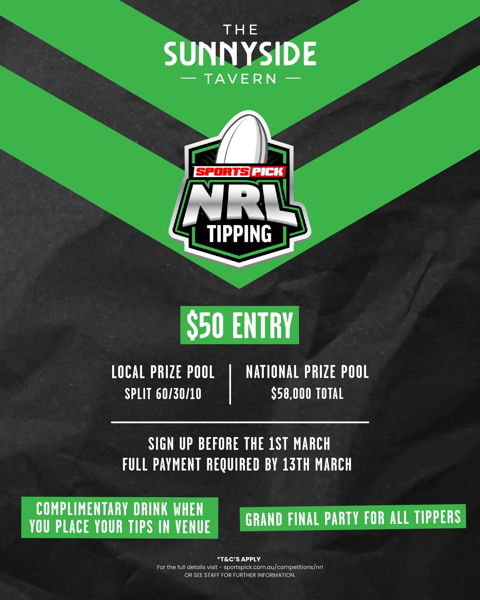 🏉 NRL Tipping is almost here at Sunnyside Tavern! 🏉

There&rsquo;s still time to join our NRL Tipping Comp at Sunnyside Tavern.

✔️ $50 entry
✔️ Complimentary drink when placing tips in venue
✔️ Grand Final Party for all tippers

⏰ Sign up by 1st M