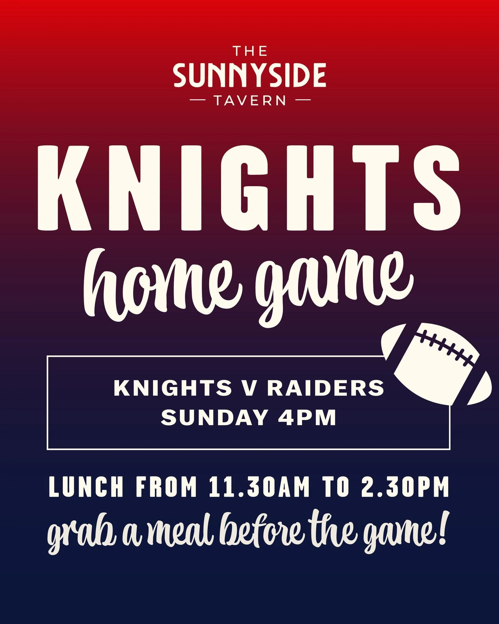 Heading to the Knights game tomorrow? 👀🏉

Start the day right with a feed before kick-off 🍽️
Our Bistro is open from 11:30am

👇 Book your table via our website
