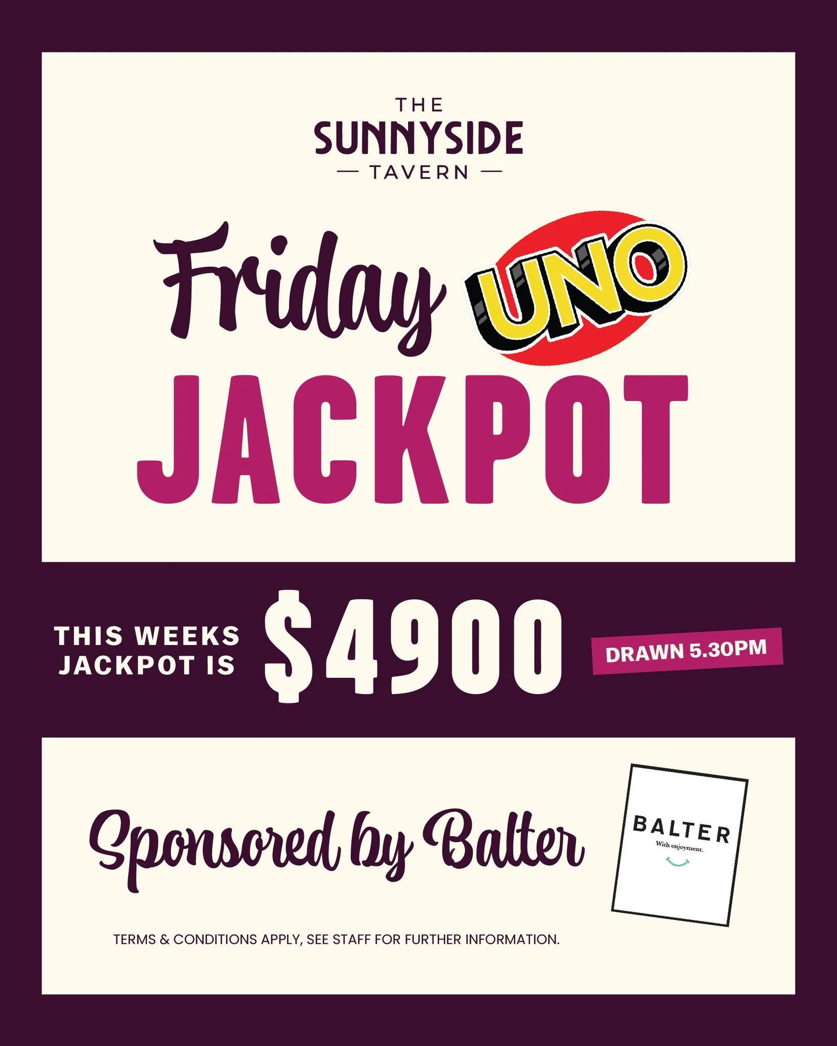&spades;️ Friday UNO Jackpot at The Sunnyside Tavern!

This week&rsquo;s jackpot is sitting at a massive $4900 💰

Join us this Friday for your chance to win &mdash; drawn at 5:30pm 👏

Grab a drink, get involved &amp; see if luck&rsquo;s on your sid