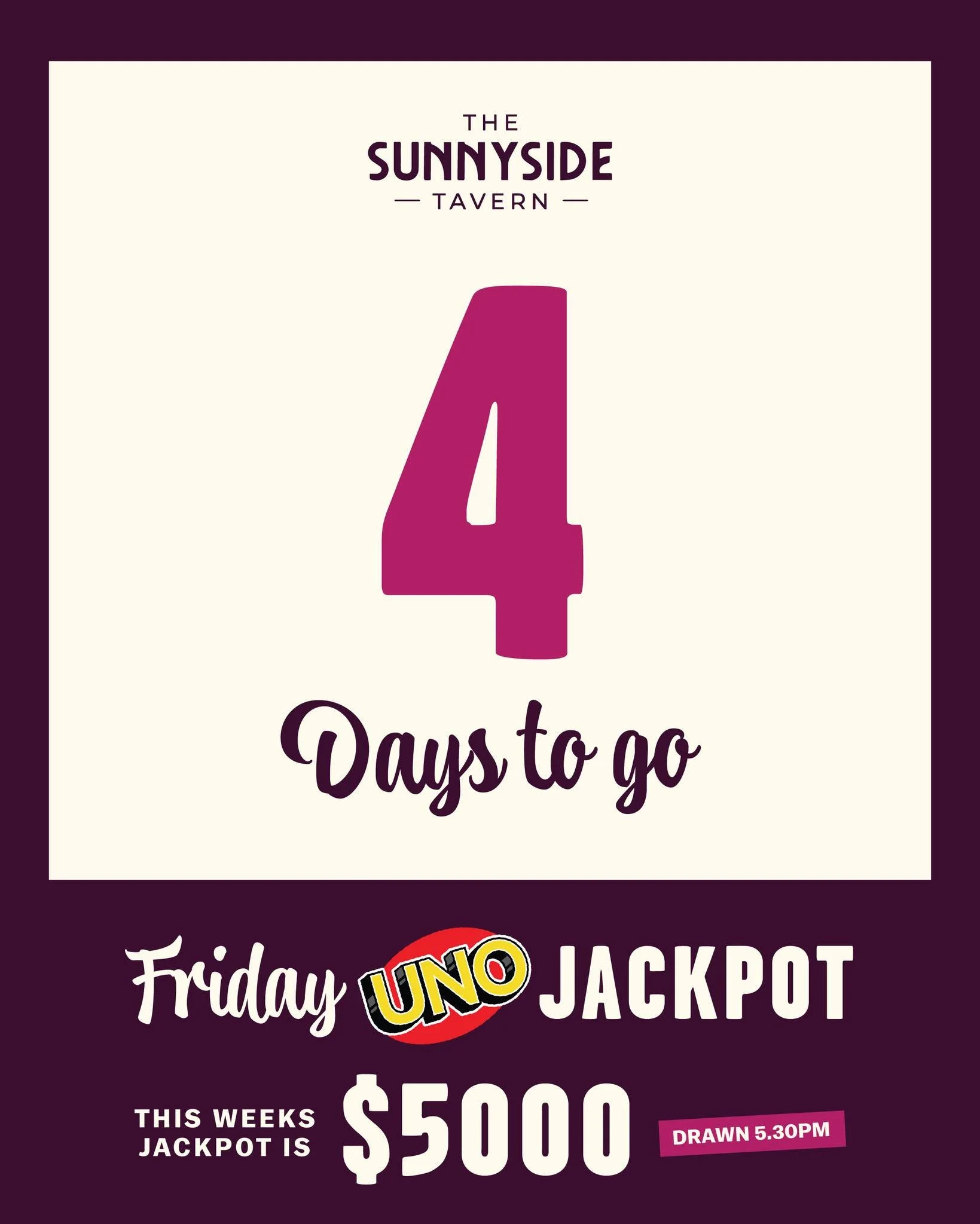 Our UNO Jackpot is sitting at $5,000 💰 and it MUST go this Friday 👀

We&rsquo;re counting it down&hellip; 4 days to go 🔥

Join us this Friday for your chance to take it home. It&rsquo;s guaranteed to be drawn until someone wins

Who&rsquo;s in? &s