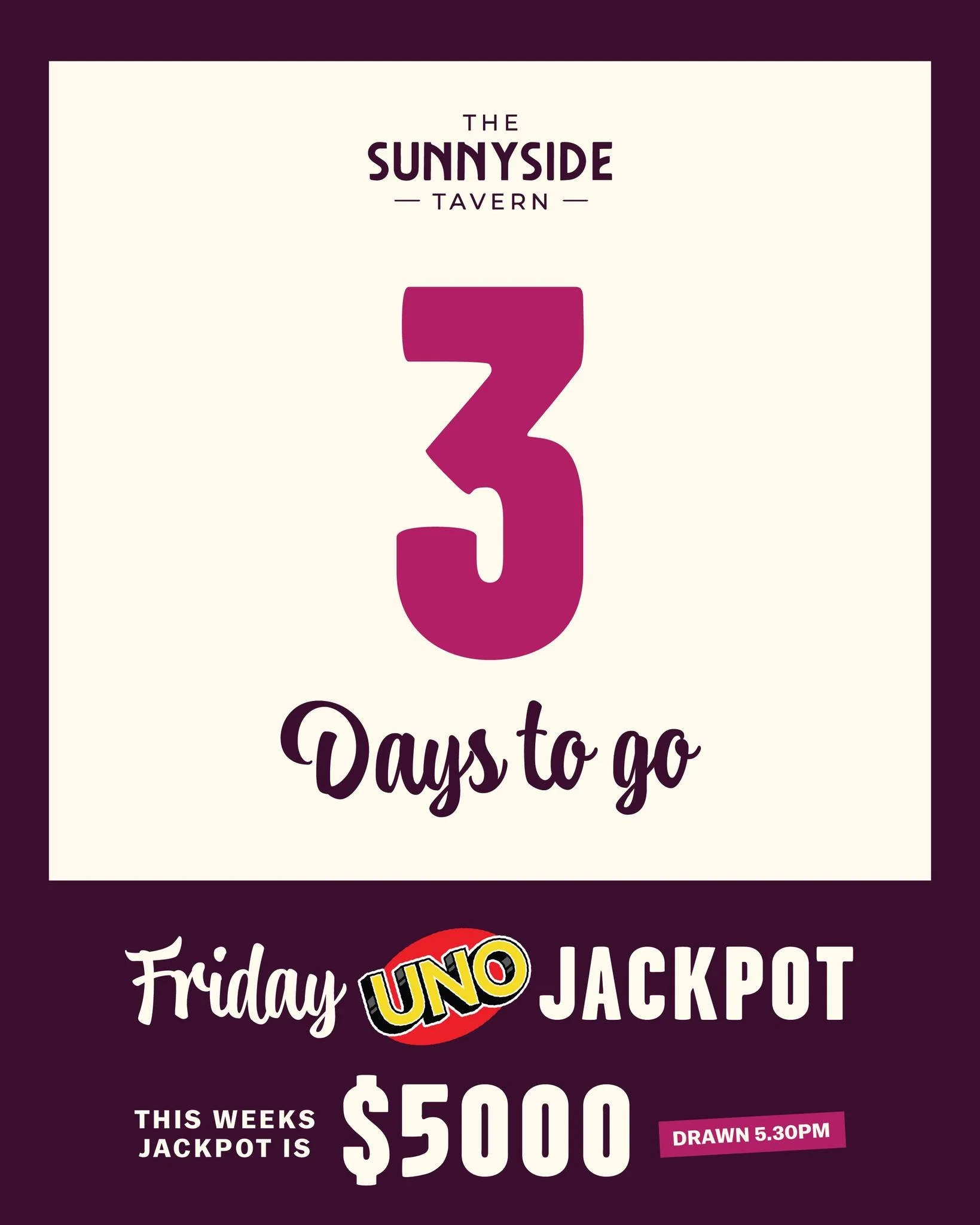 $5,000 UNO Jackpot on the line 💰

3 days to go&hellip; it&rsquo;s getting close 👀

This Friday we draw until someone wins &spades;️🔥

*Some exclusions may apply. See staff for further details.
