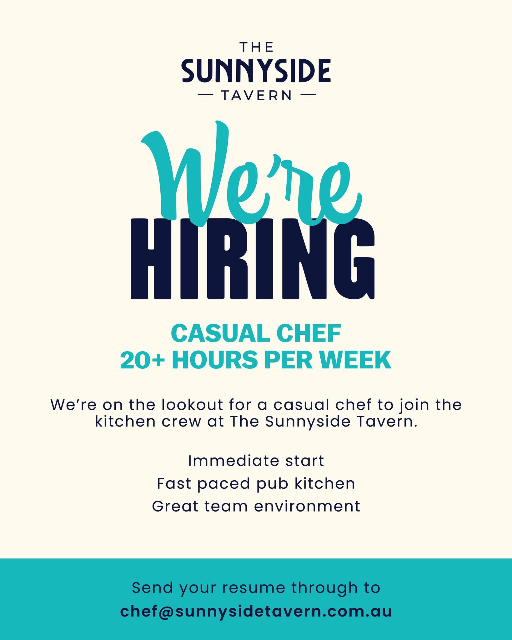 Know someone who would fit right into the Sunnyside kitchen? 👀🍴

We&rsquo;re on the lookout for a Casual Chef to join the team with immediate start available and 20+ hours per week.

Send your resume through to chef@sunnysidetavern.com.au