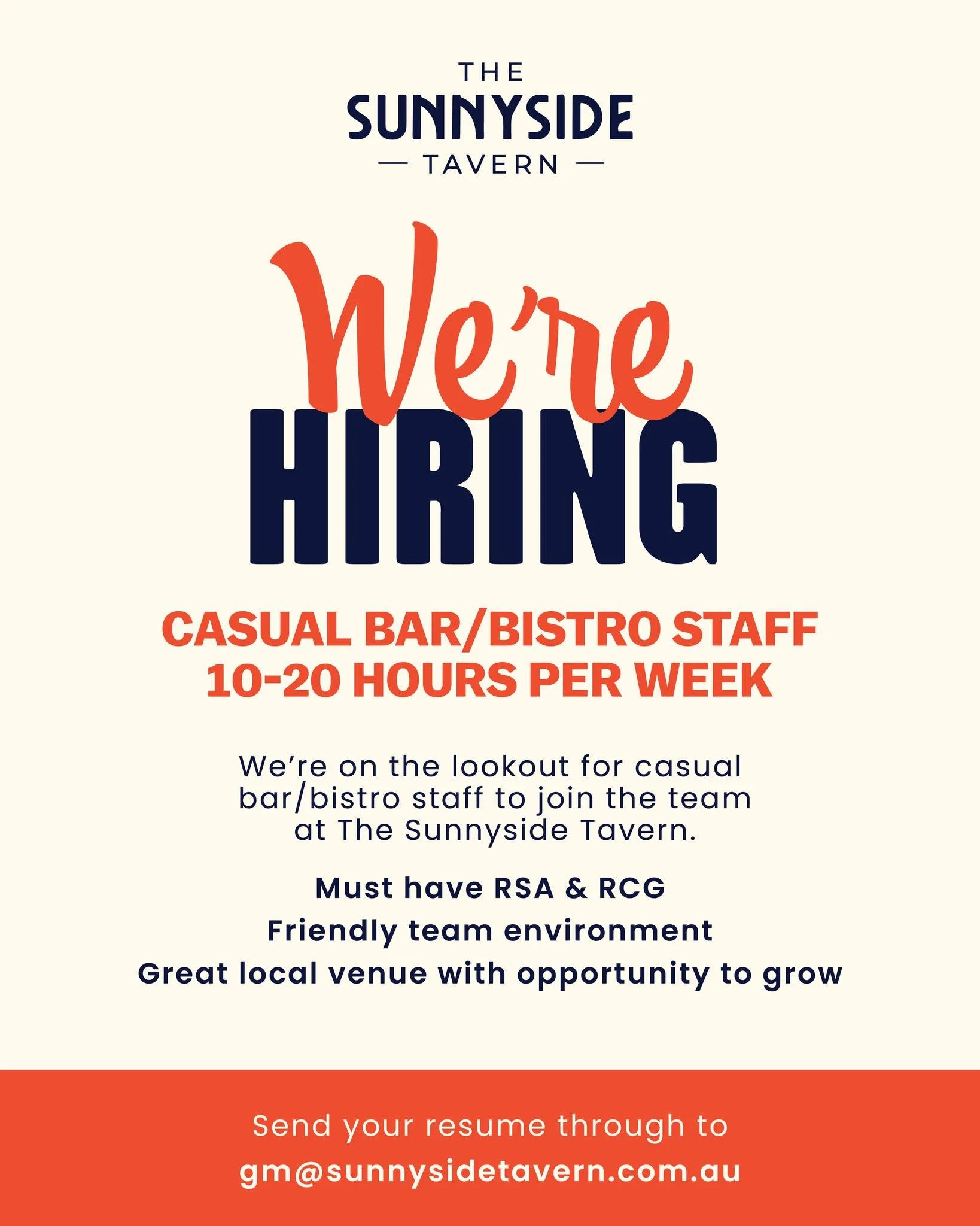 We&rsquo;re on the lookout for casual bar/bistro staff to join the team at The Sunnyside Tavern 🍻

If you&rsquo;ve got your RSA &amp; RCG, love a fast paced venue and enjoy working with a great local team, we&rsquo;d love to hear from you 👏
