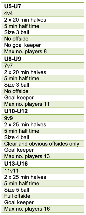 Table listing structure for each age category