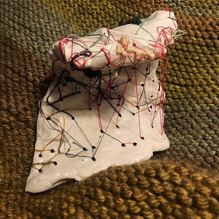 "2020," 2020
Sandstone Clay, Acrylic Paint, High Gloss Glaze, Embroidery Floss