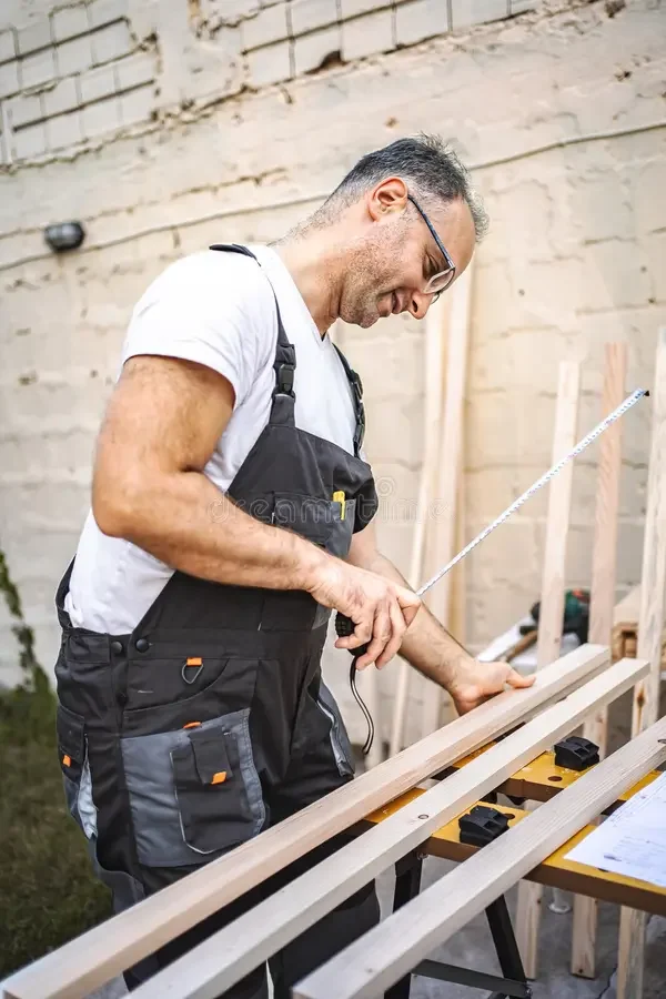 Man in een bouwoutfit meet houten planken met een meetlint op een werkbank buiten.