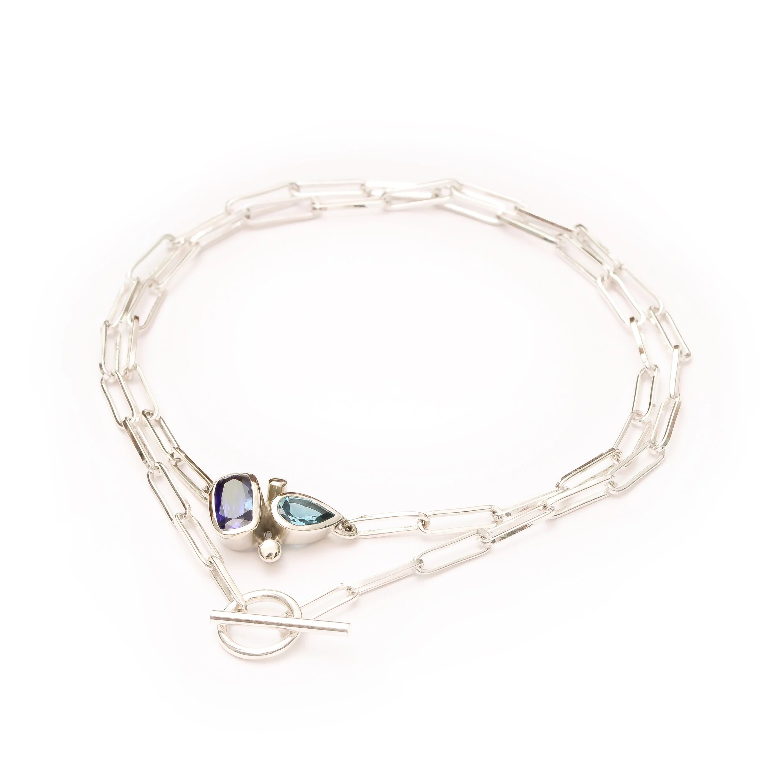 Silver Tanzanite & Topaz necklace with paperclip chain.jpg