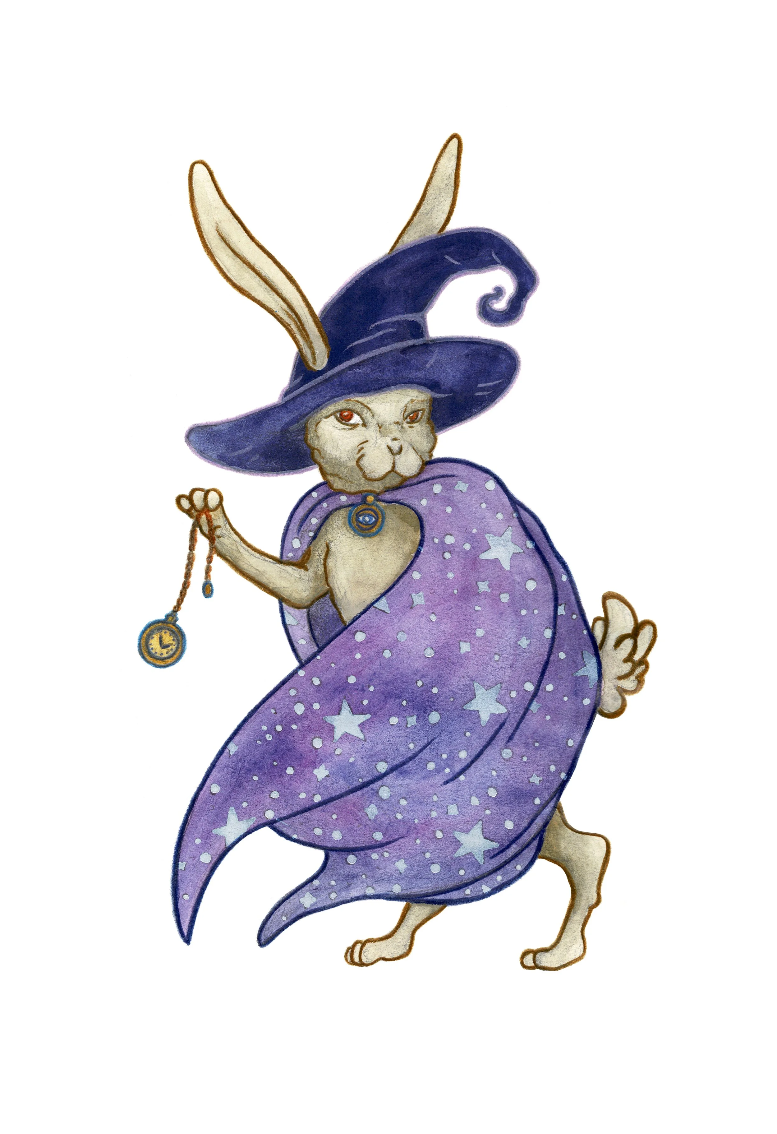 Illustration of a cat dressed as a wizard or sorcerer, wearing a large purple hat with feathers, a purple cape with star patterns, and holding a pocket watch.