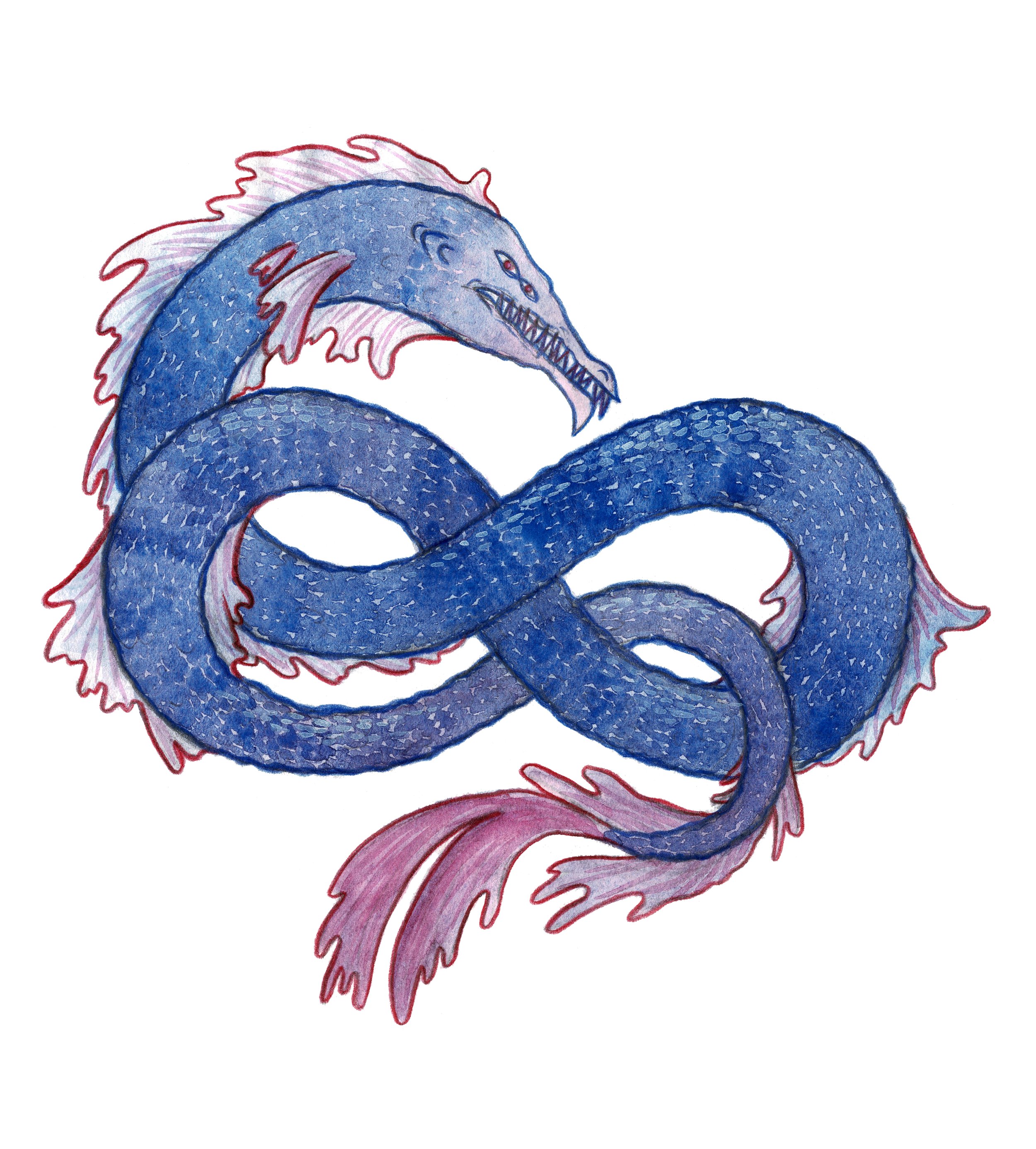 Illustration of a mythical sea serpent with a long, winding blue body, a menacing face with sharp teeth, and fins with pink and white accents.