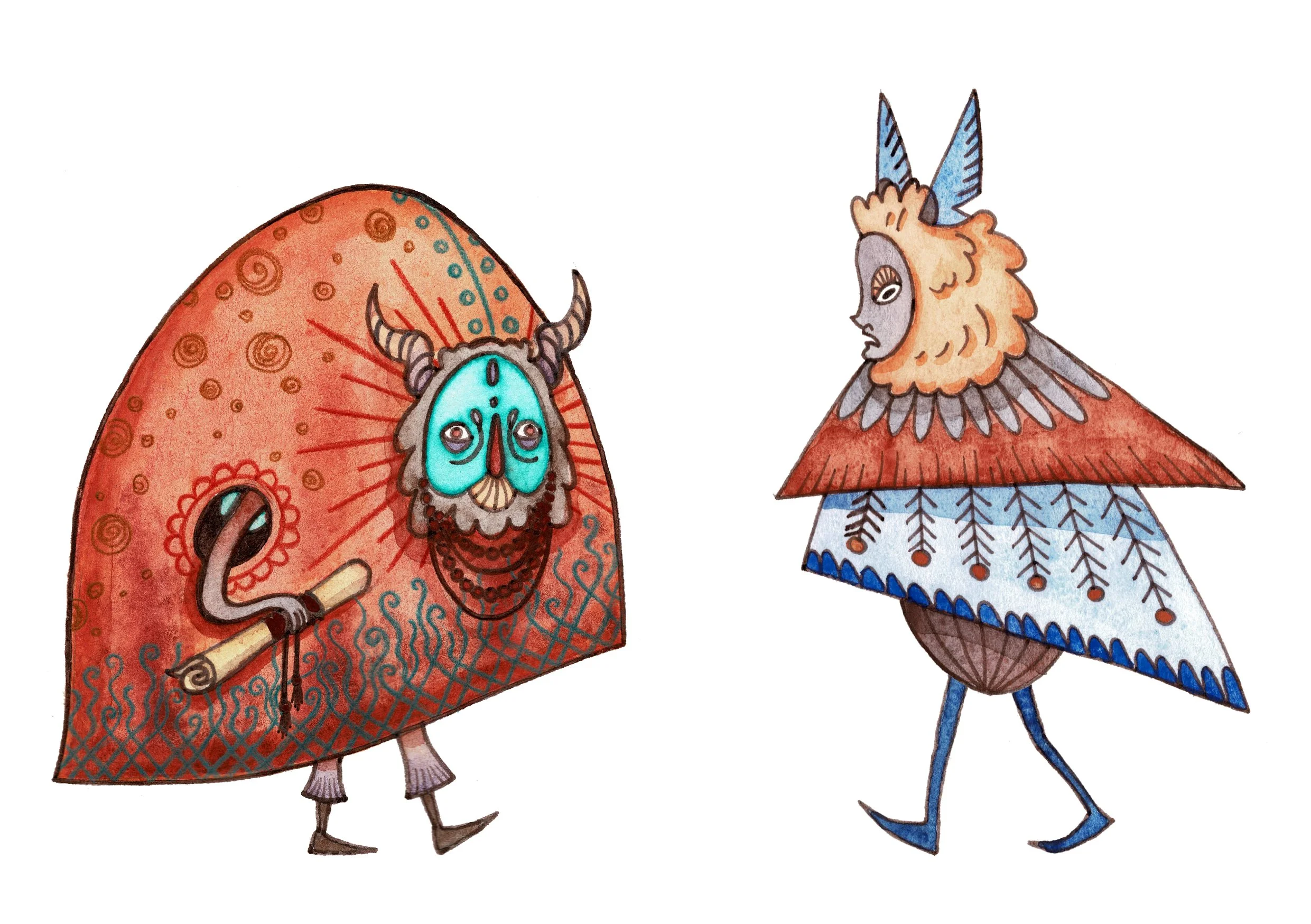 Two whimsical fantasy creatures facing each other. The creature on the left has a rounded, red body with decorative patterns, gray legs, and a face with a blue mask, small horns, and is holding a scroll. The creature on the right has a bird-like appe