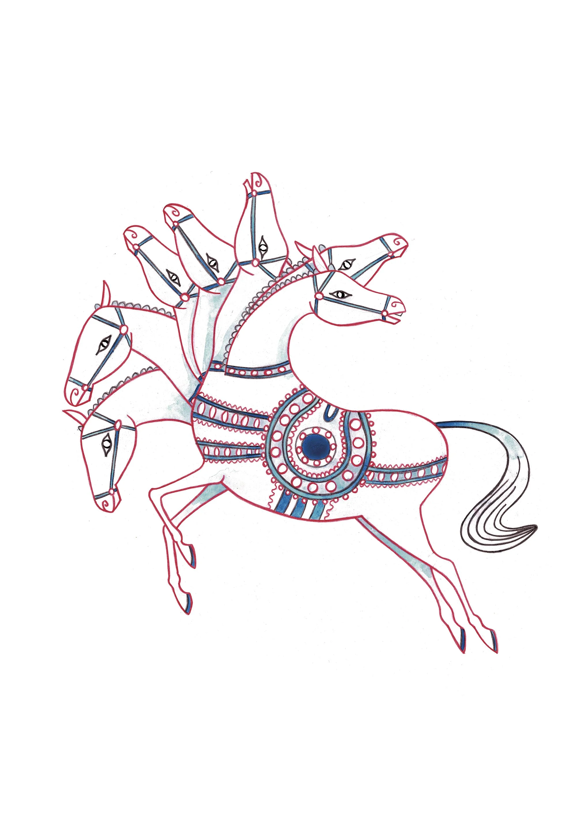 Stylized drawing of a horse with multiple heads, decorated with intricate patterns and embellishments in red, blue, and grey colors.